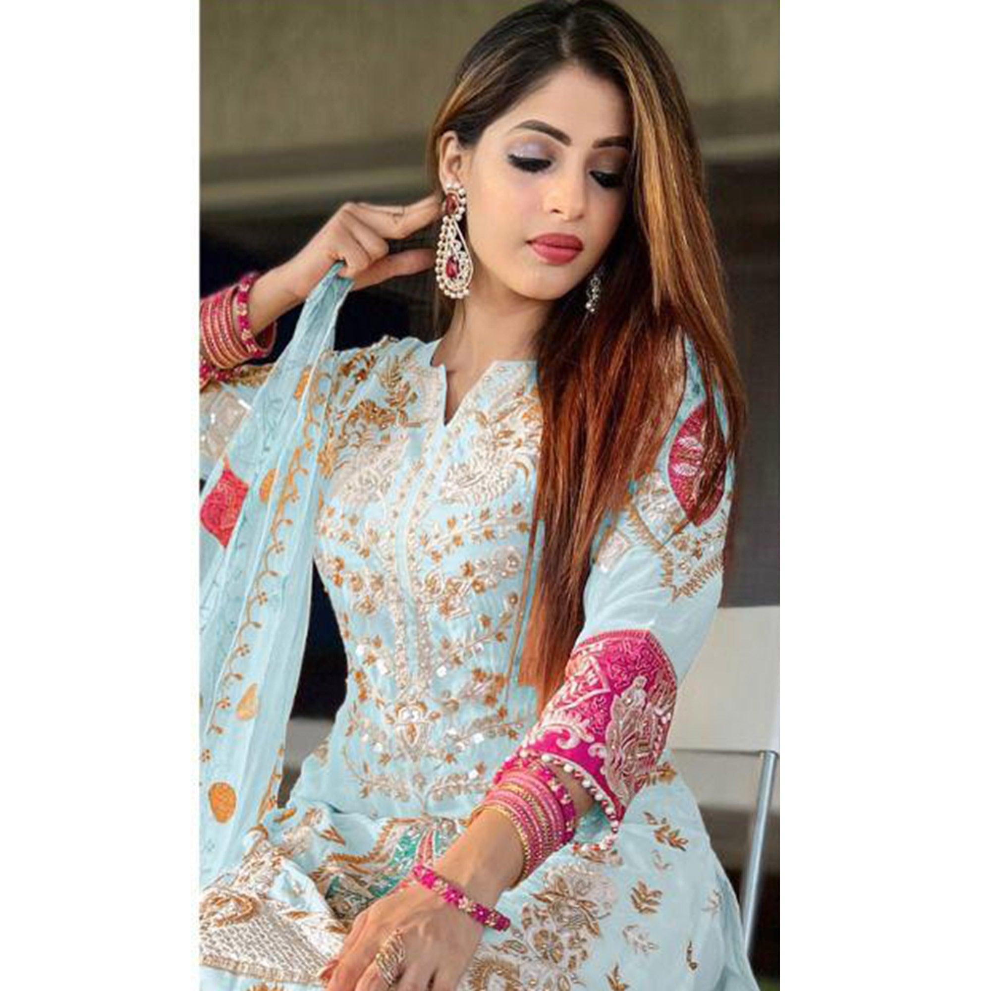 Sky Blue Floral Sequence Embroidered Georgette Pakistani Suit - Peachmode