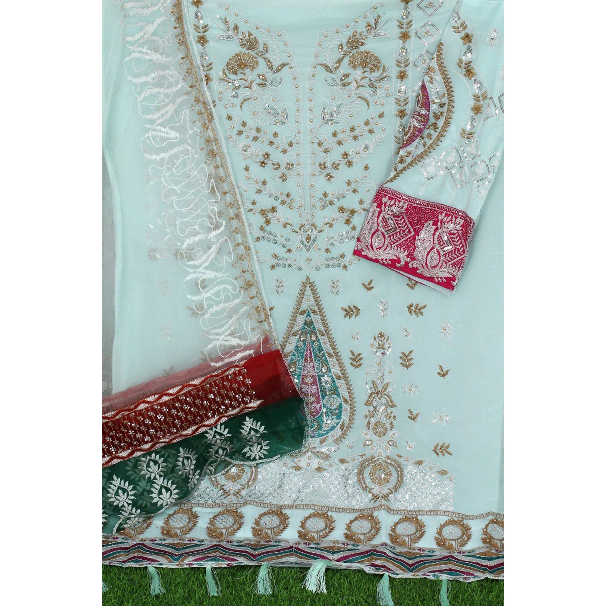 Sky Blue Floral Sequence Embroidered Georgette Pakistani Suit - Peachmode