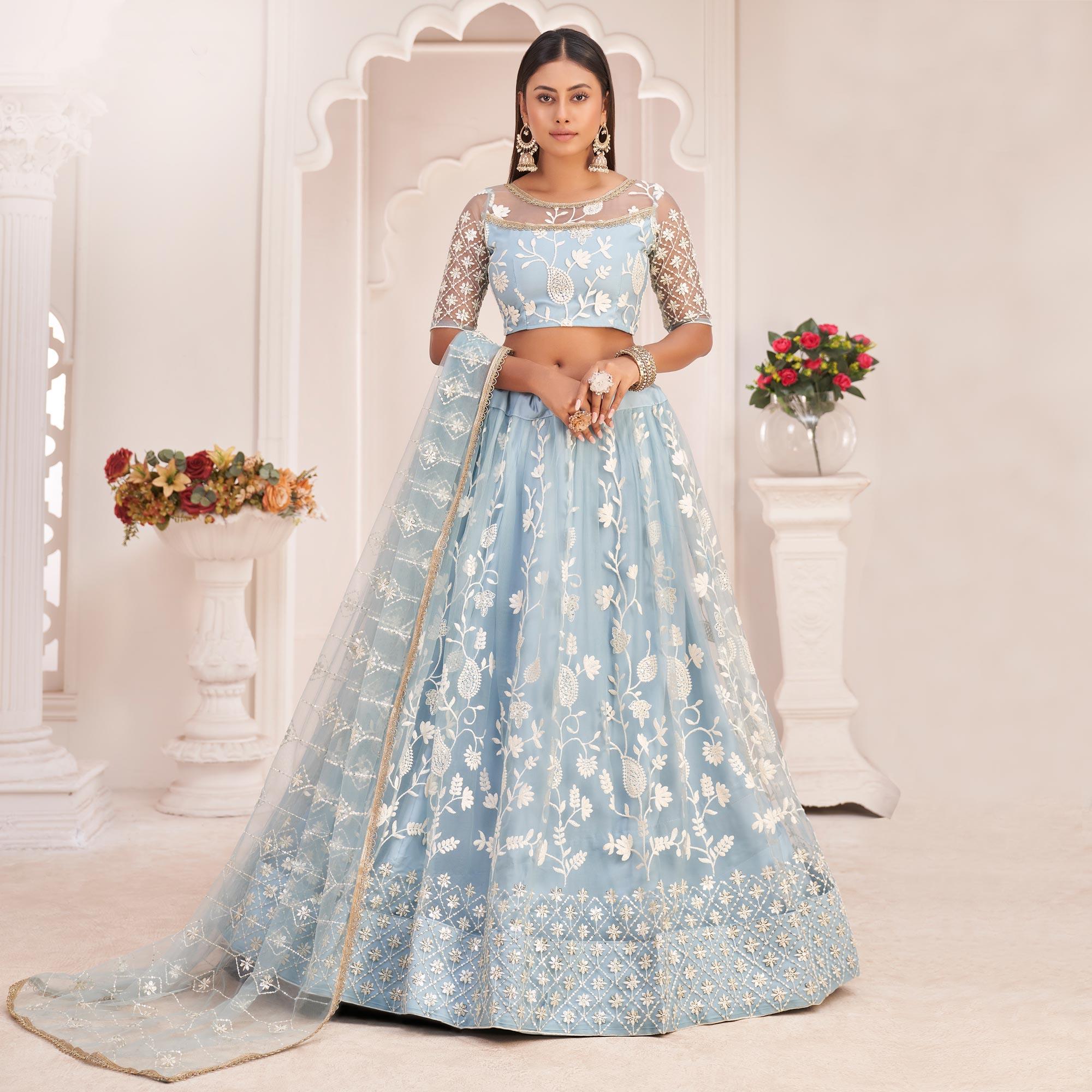 Sky Blue Floral Sequence Embroidered Net Lehenga Choli - Peachmode