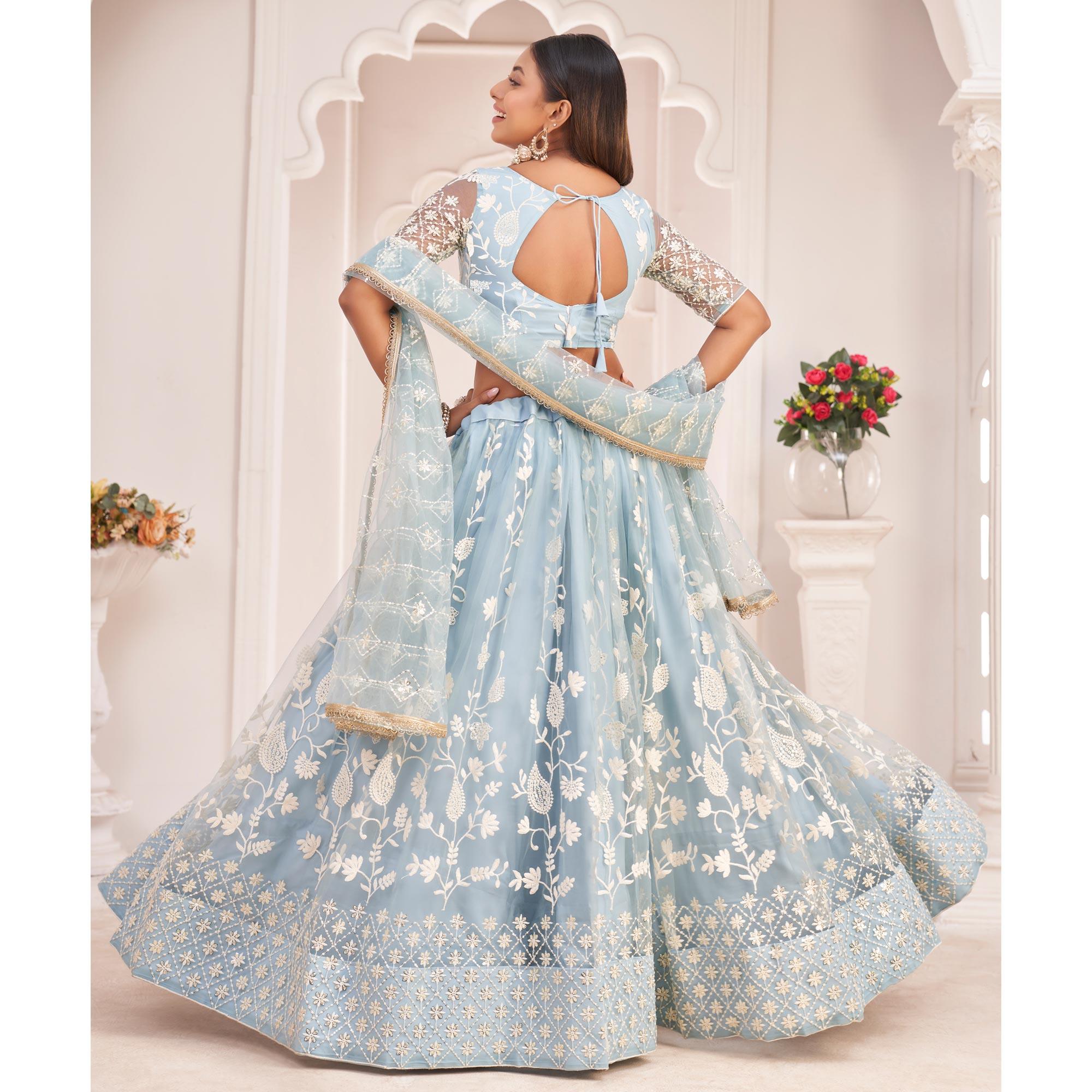 Sky Blue Floral Sequence Embroidered Net Lehenga Choli - Peachmode