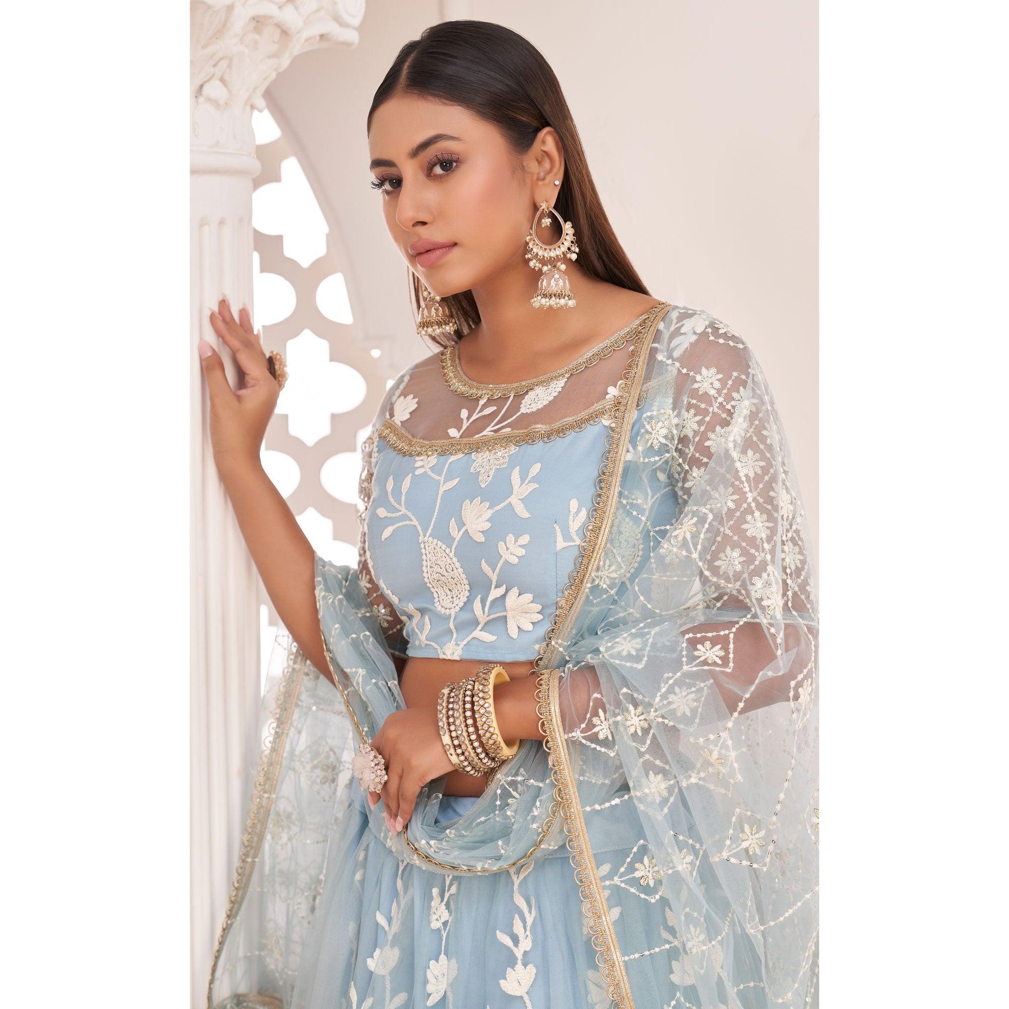 Sky Blue Floral Sequence Embroidered Net Lehenga Choli - Peachmode
