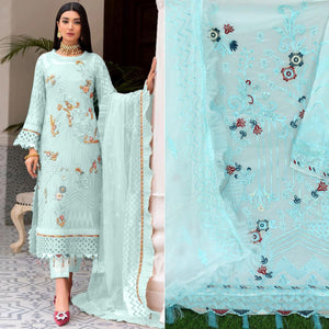 Sky Blue Floral Sequence Embroidered Work Georgette Pakistani Suit - Peachmode