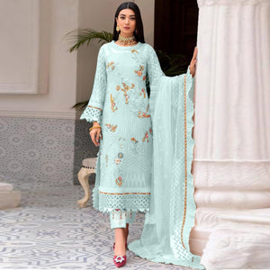 Sky Blue Floral Sequence Embroidered Work Georgette Pakistani Suit - Peachmode