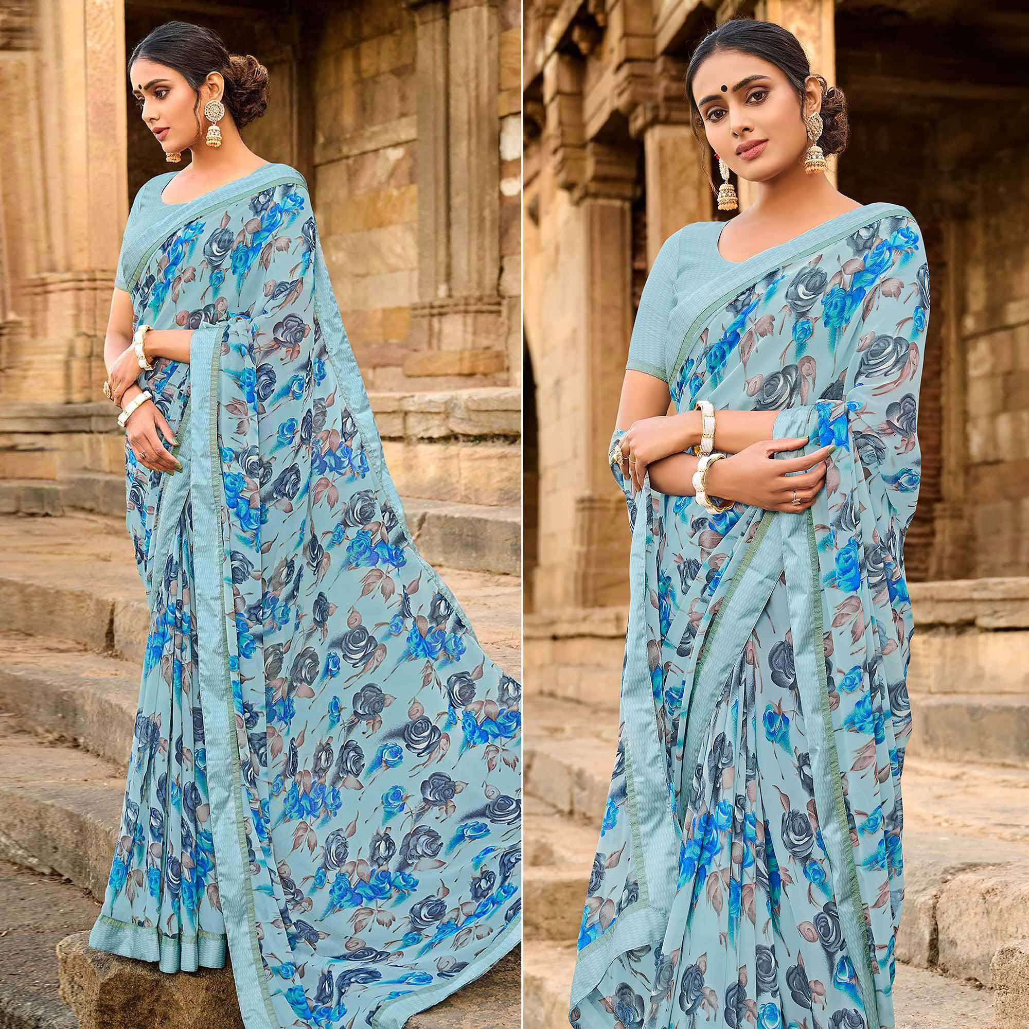 Sky Blue Foil Printed Georgette Saree - Peachmode