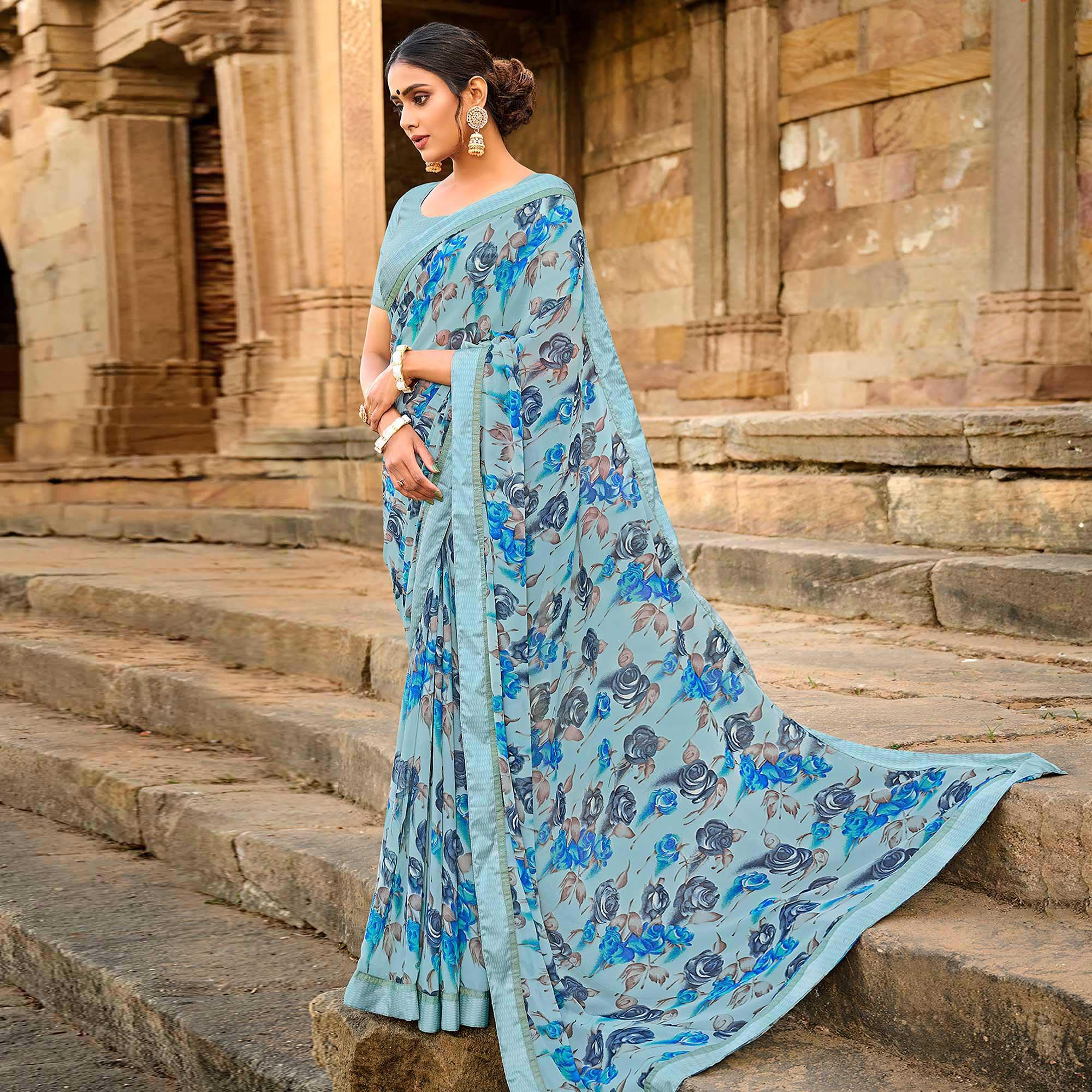 Sky Blue Foil Printed Georgette Saree - Peachmode