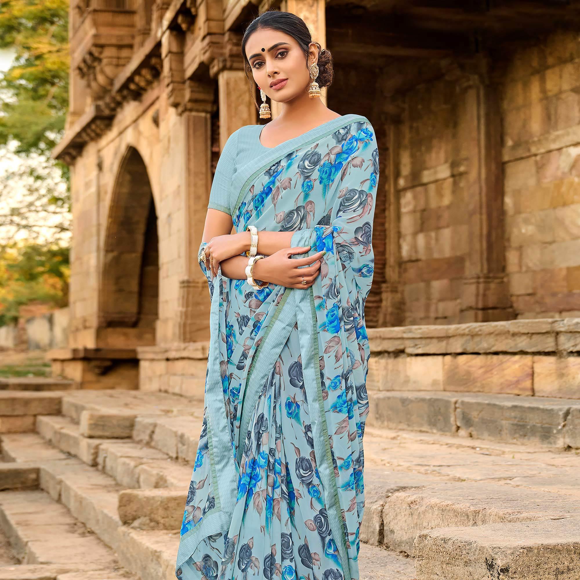 Sky Blue Foil Printed Georgette Saree - Peachmode