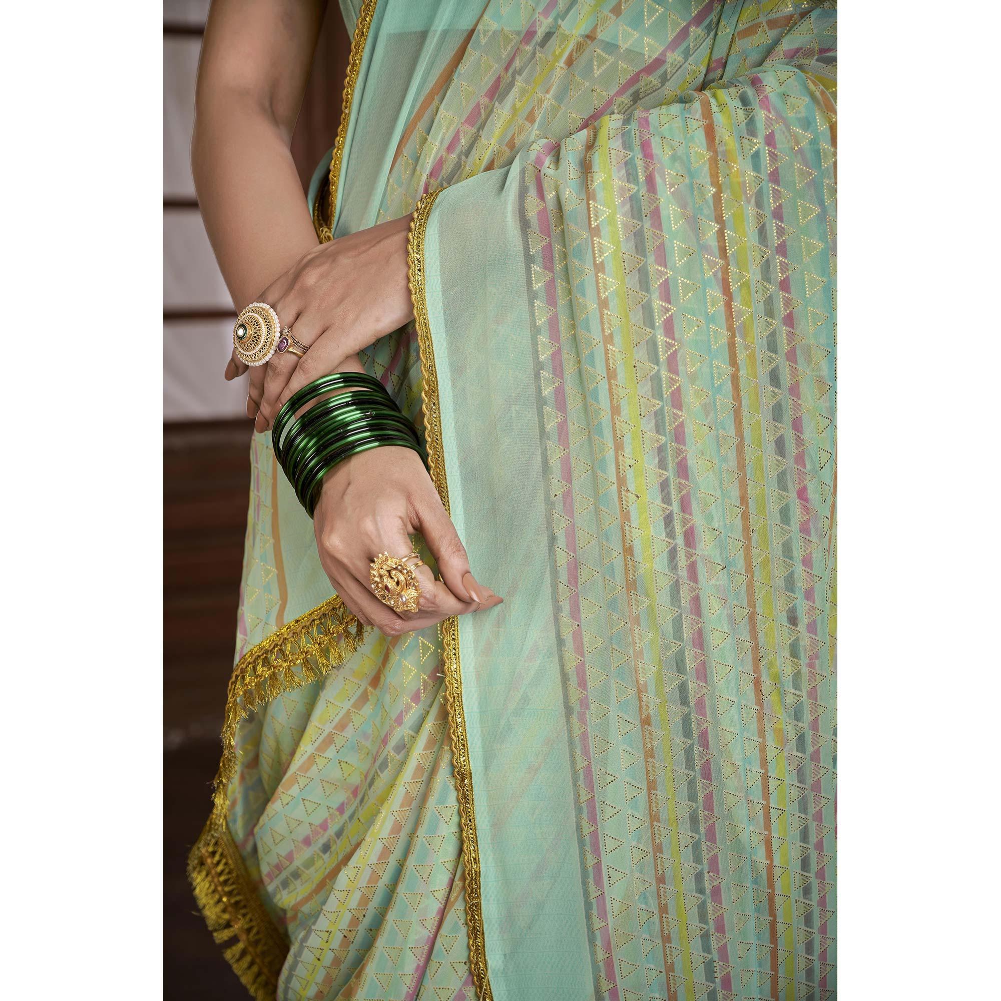 Sky Blue Foil Printed Georgette Saree - Peachmode
