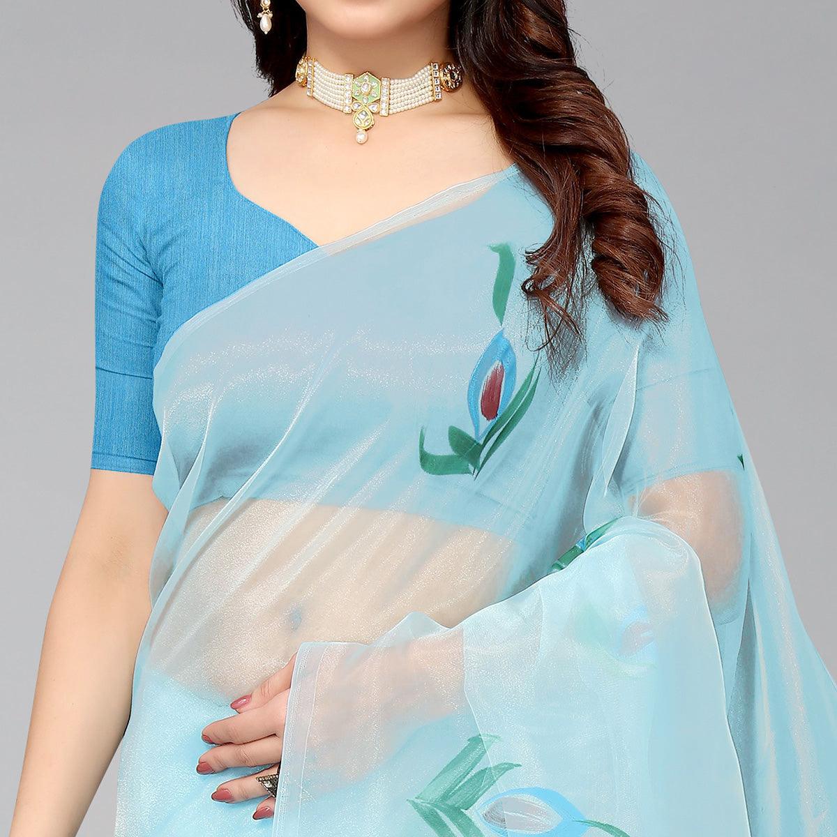 Sky Blue Hand Printed Organza Saree - Peachmode