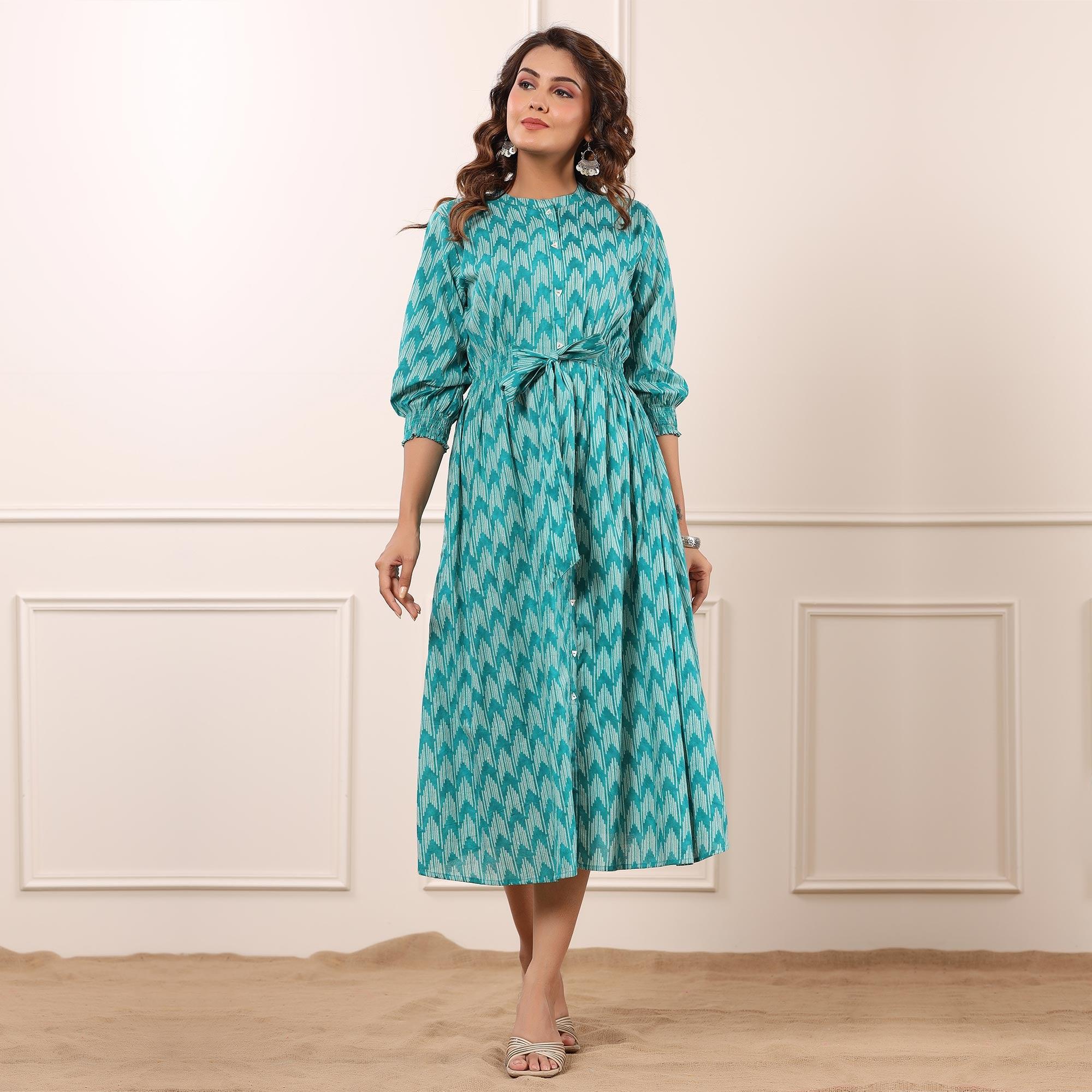 Sky Blue Ikkat Printed Pure Cotton Dress - Peachmode