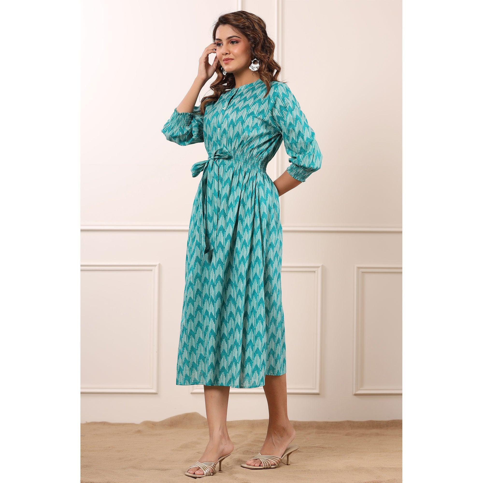 Sky Blue Ikkat Printed Pure Cotton Dress - Peachmode
