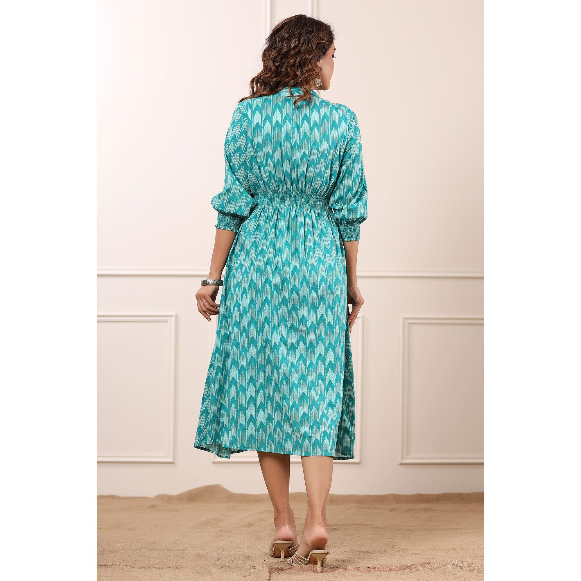 Sky Blue Ikkat Printed Pure Cotton Dress - Peachmode