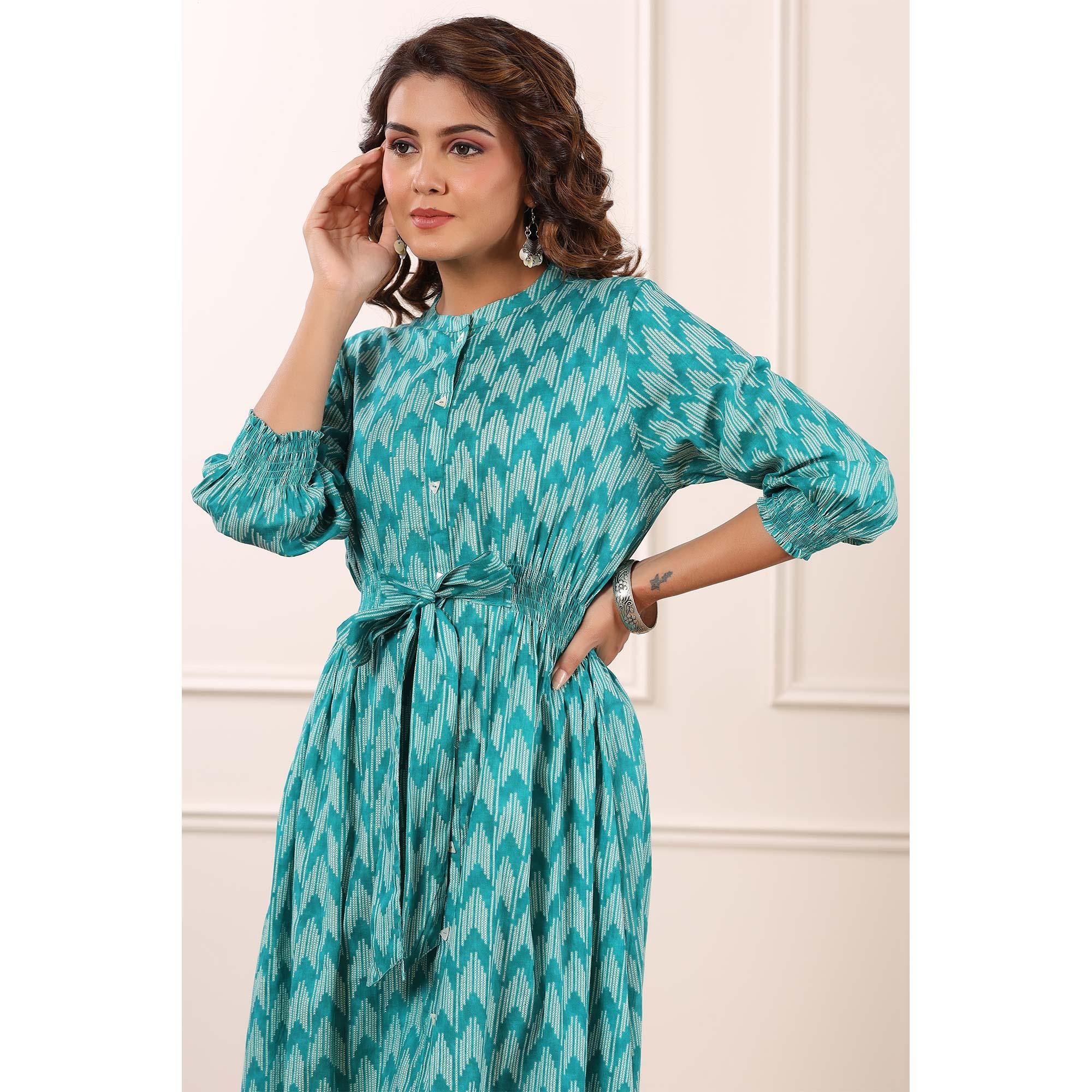 Sky Blue Ikkat Printed Pure Cotton Dress - Peachmode