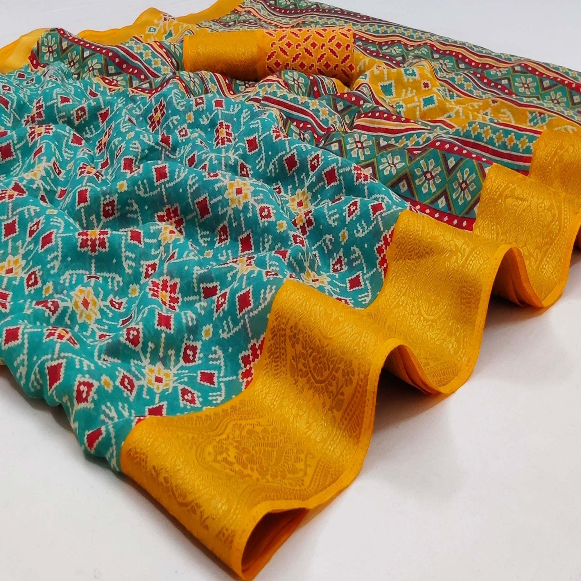 Sky Blue Ikkat Printed Pure Cotton Saree - Peachmode