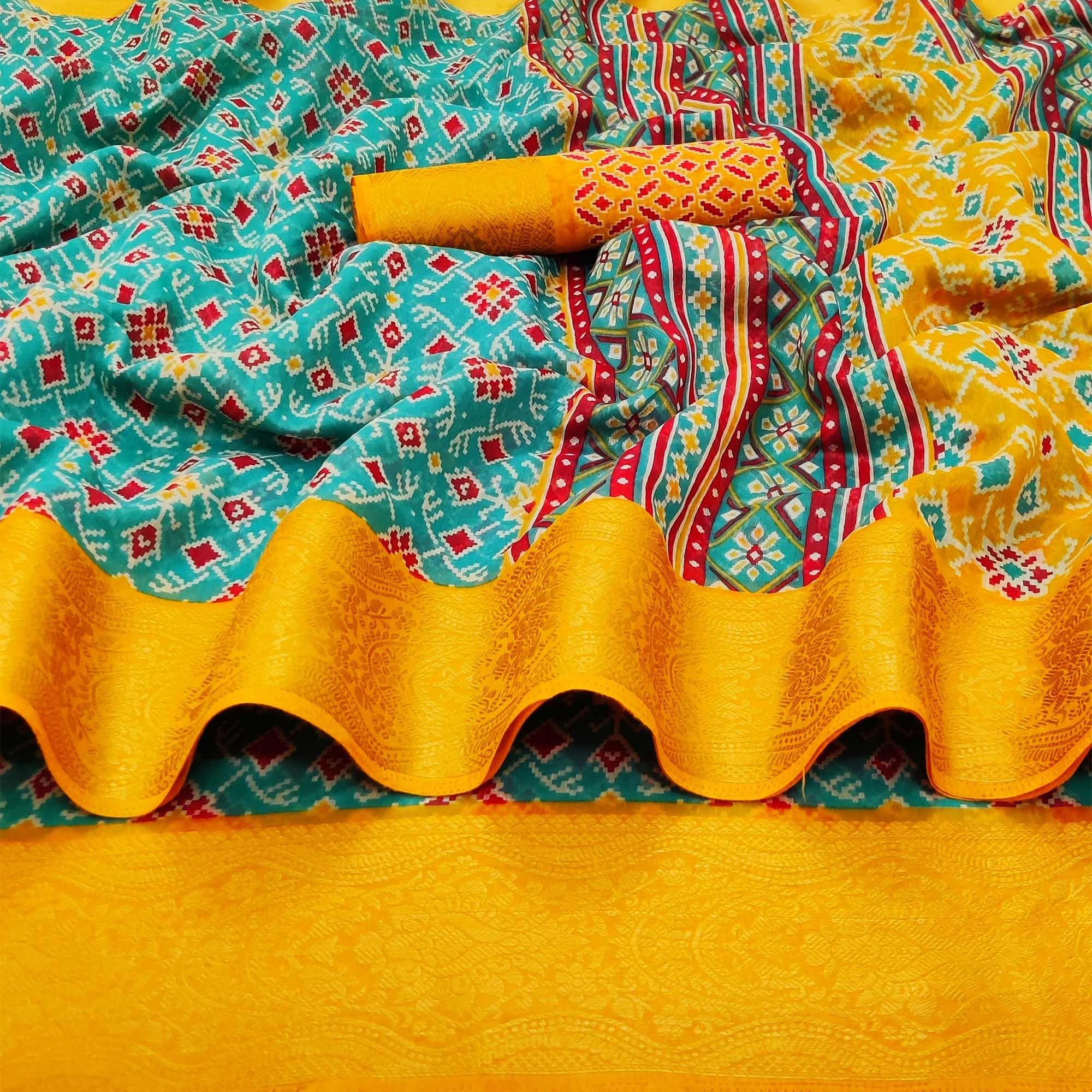Sky Blue Ikkat Printed Pure Cotton Saree - Peachmode