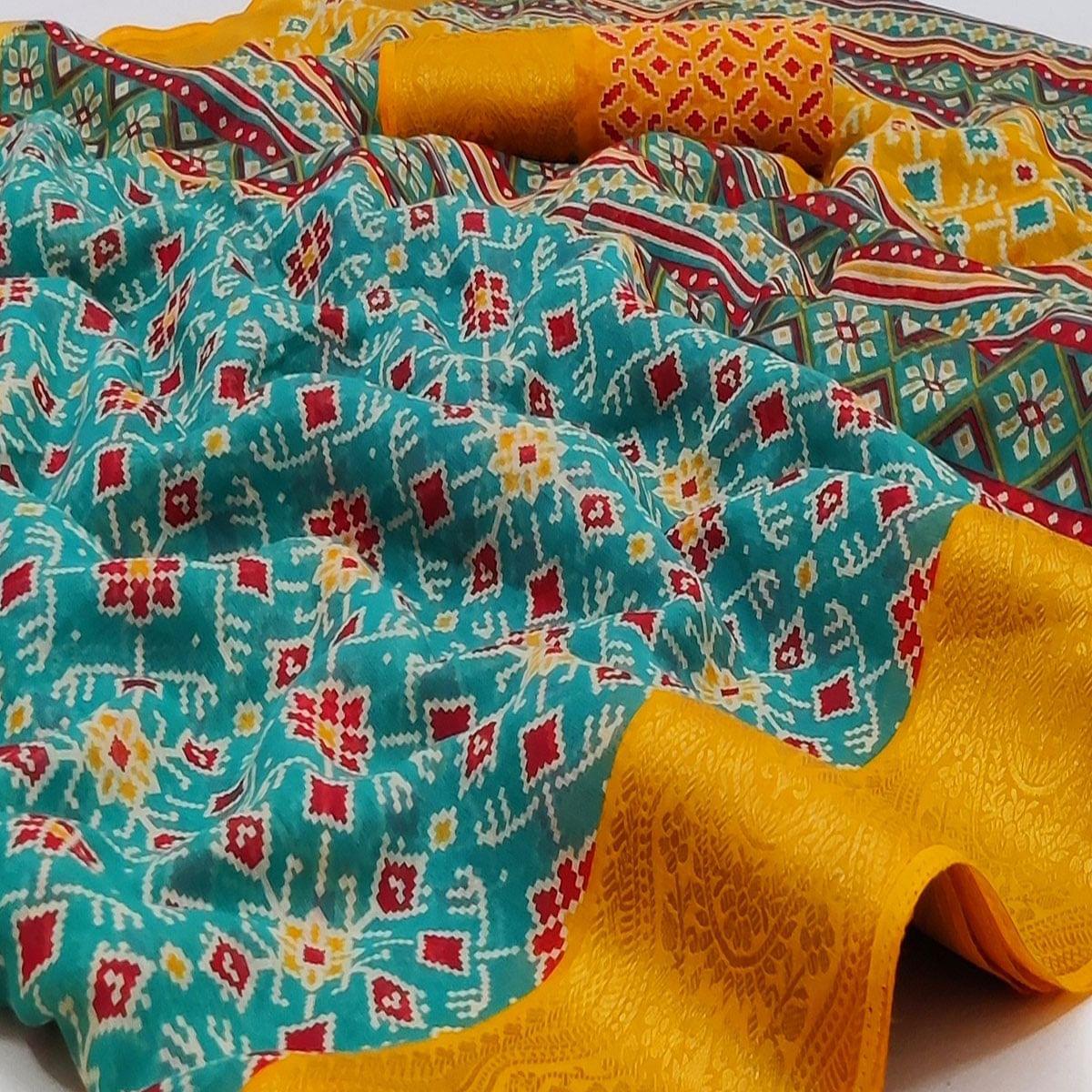 Sky Blue Ikkat Printed Pure Cotton Saree - Peachmode