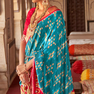 Sky Blue Ikkat Printed-Woven Patola Art Silk Saree - Peachmode