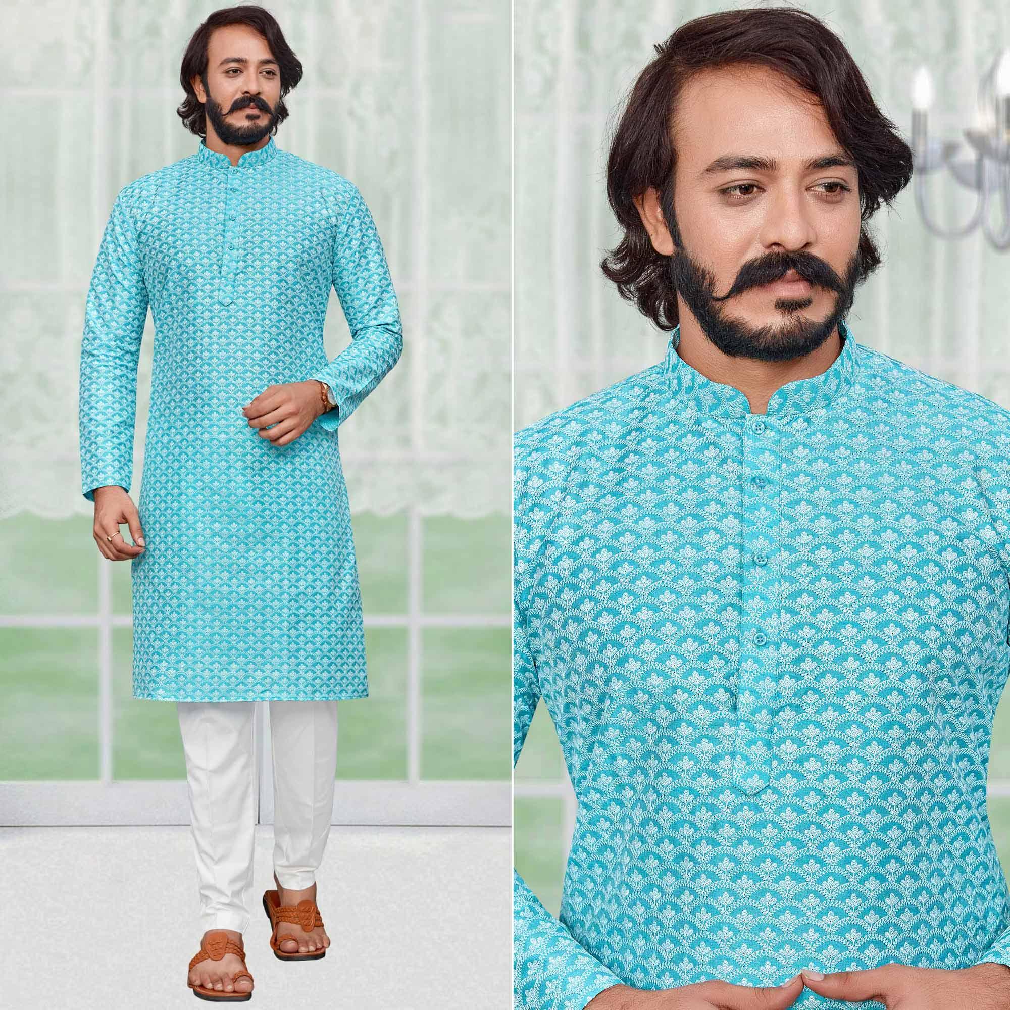Sky Blue Lucknowi Work Art Silk Kurta Pyjama Set - Peachmode