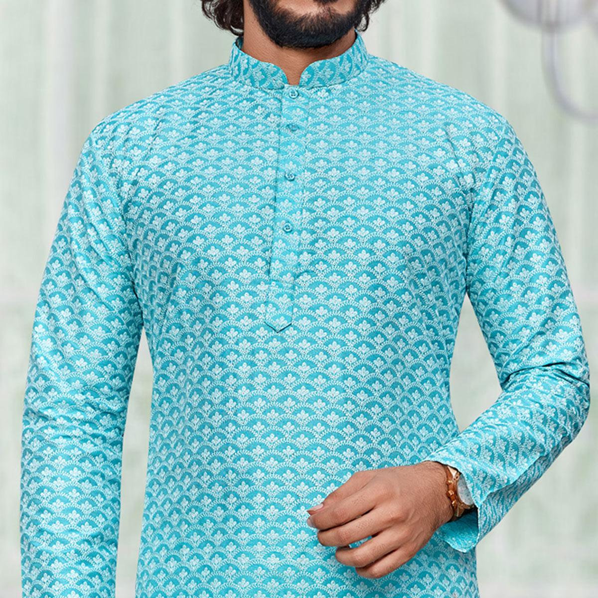Sky Blue Lucknowi Work Art Silk Kurta Pyjama Set - Peachmode
