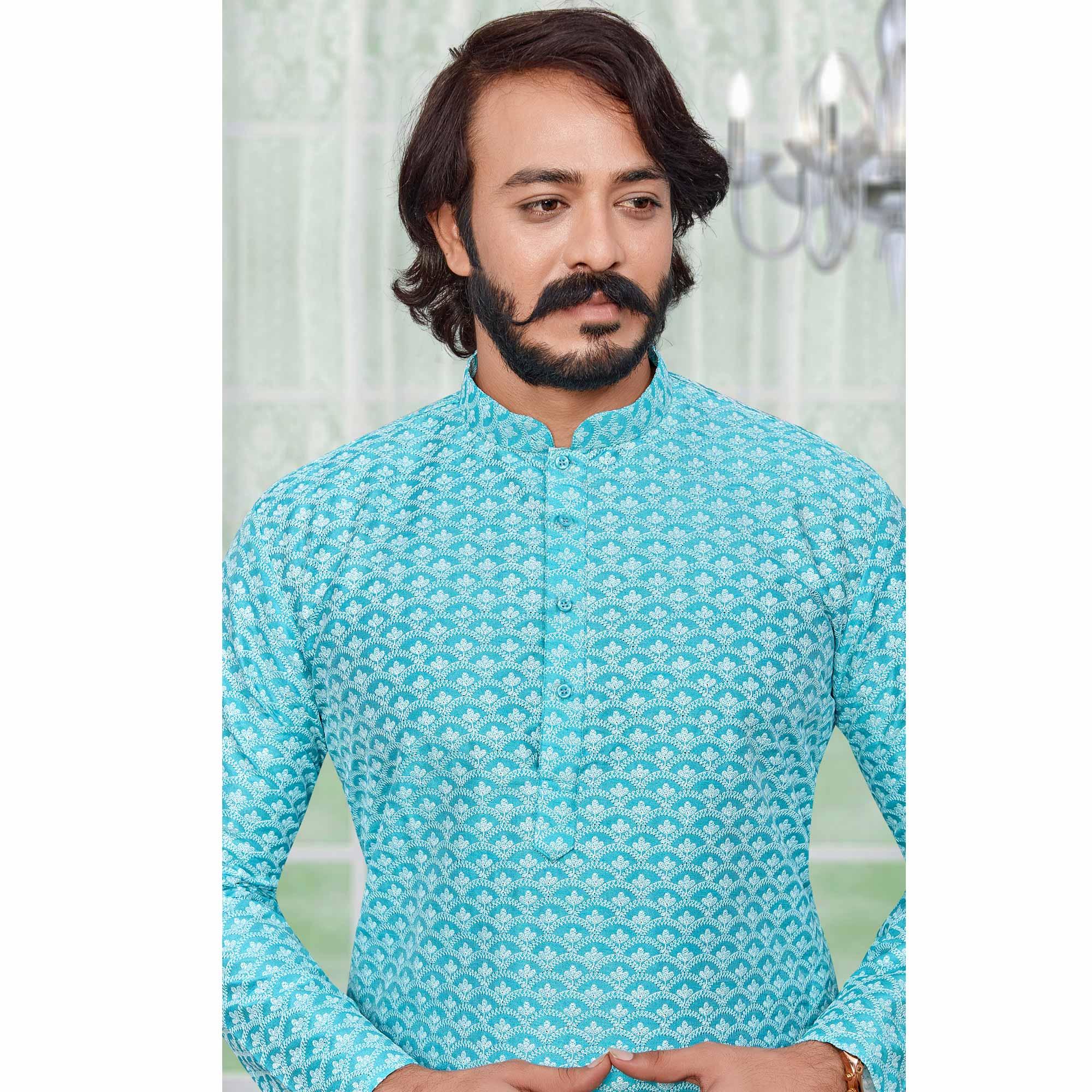 Sky Blue Lucknowi Work Art Silk Kurta Pyjama Set - Peachmode