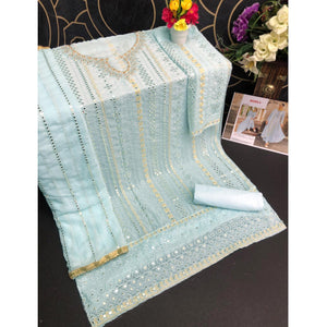 Sky Blue Party Wear Embroidered Georgette Suit - Peachmode