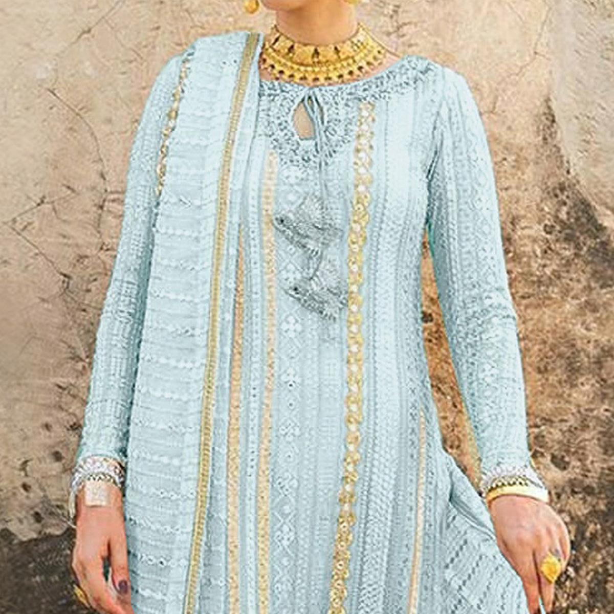 Sky Blue Party Wear Embroidered Georgette Suit - Peachmode