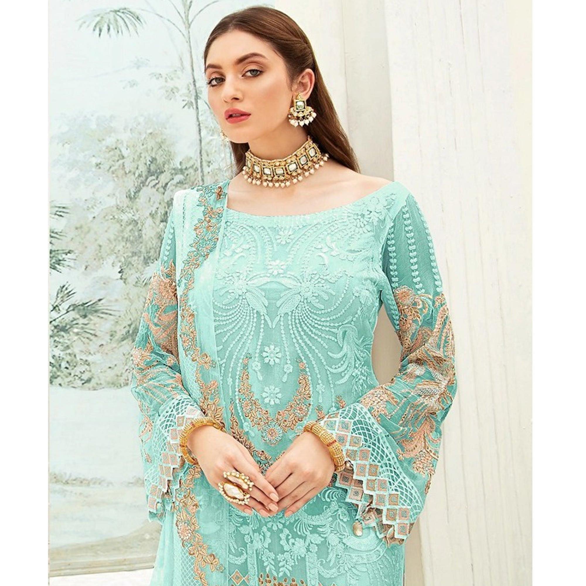 Sky Blue Party Wear Floral Embroidered Georgette Straight Salwar Suit - Peachmode