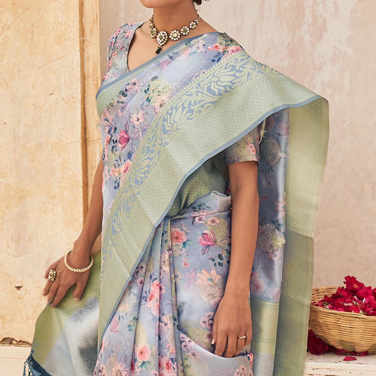 Sky Blue Partywear Digital Printed Silk Saree - Peachmode