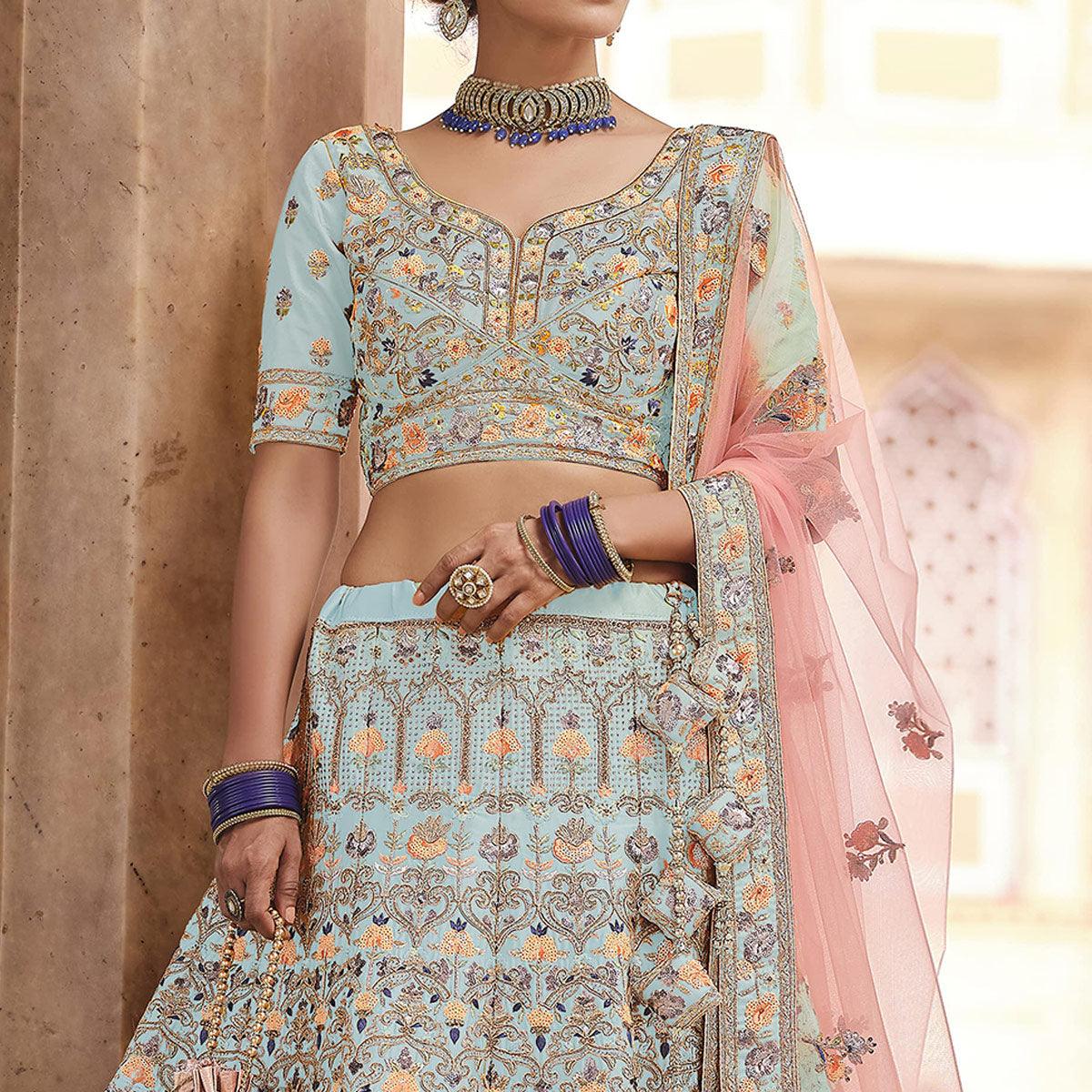 Sky Blue Partywear Embellished & Sequence Art Silk Lehenga Choli - Peachmode