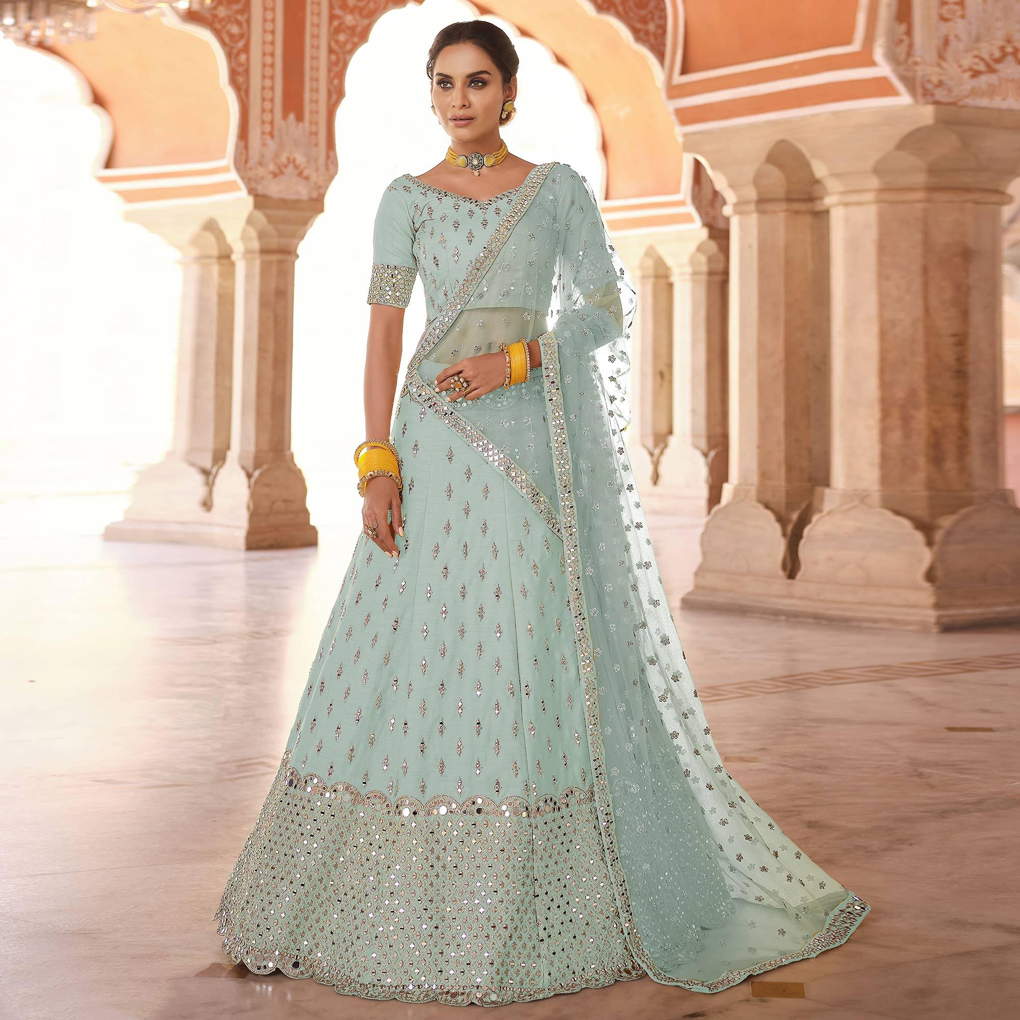 Sky Blue Partywear Embellished Art Silk Lehenga Choli - Peachmode