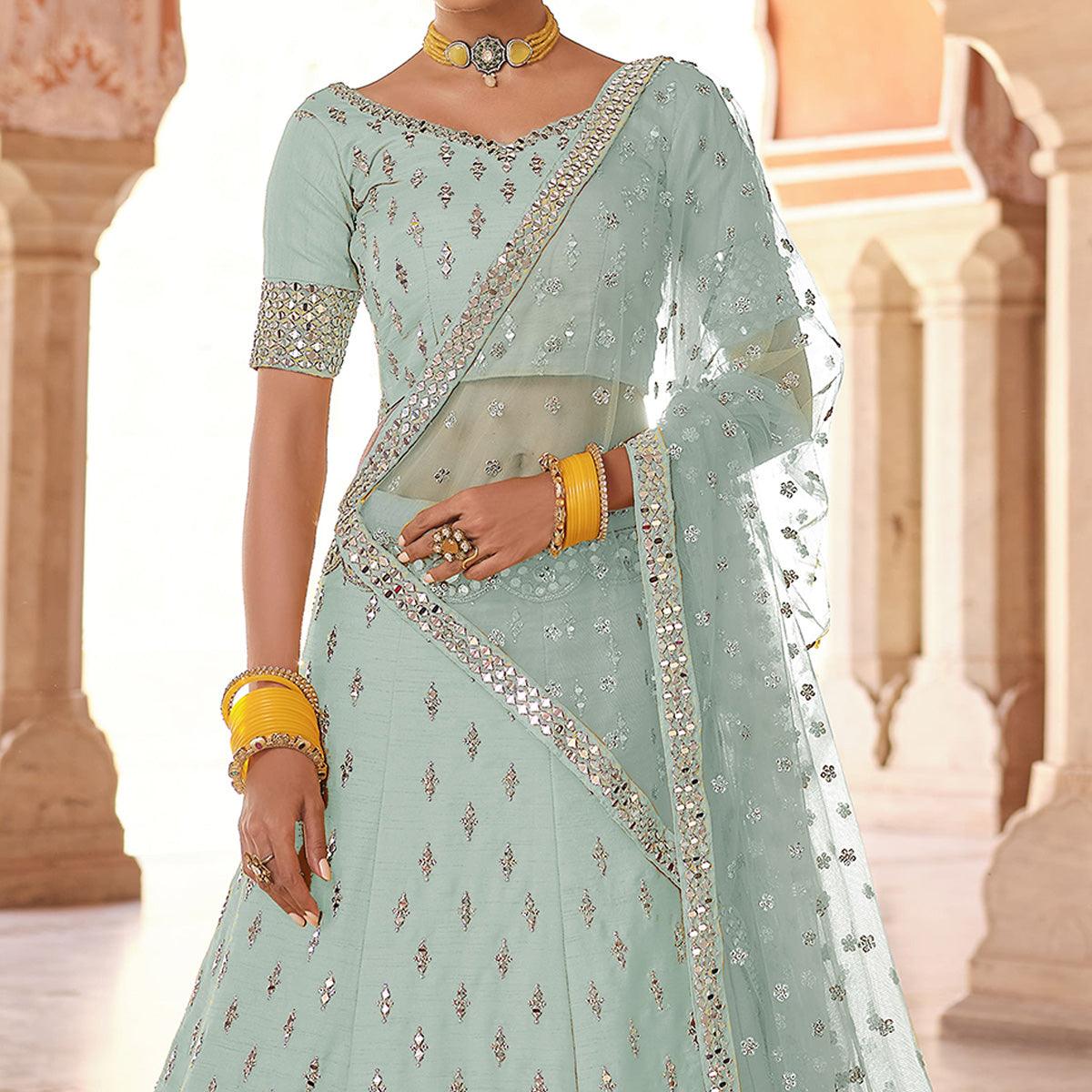 Sky Blue Partywear Embellished Art Silk Lehenga Choli - Peachmode