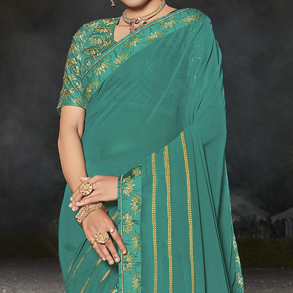 Sky Blue Partywear Embellished Georgette Saree - Peachmode