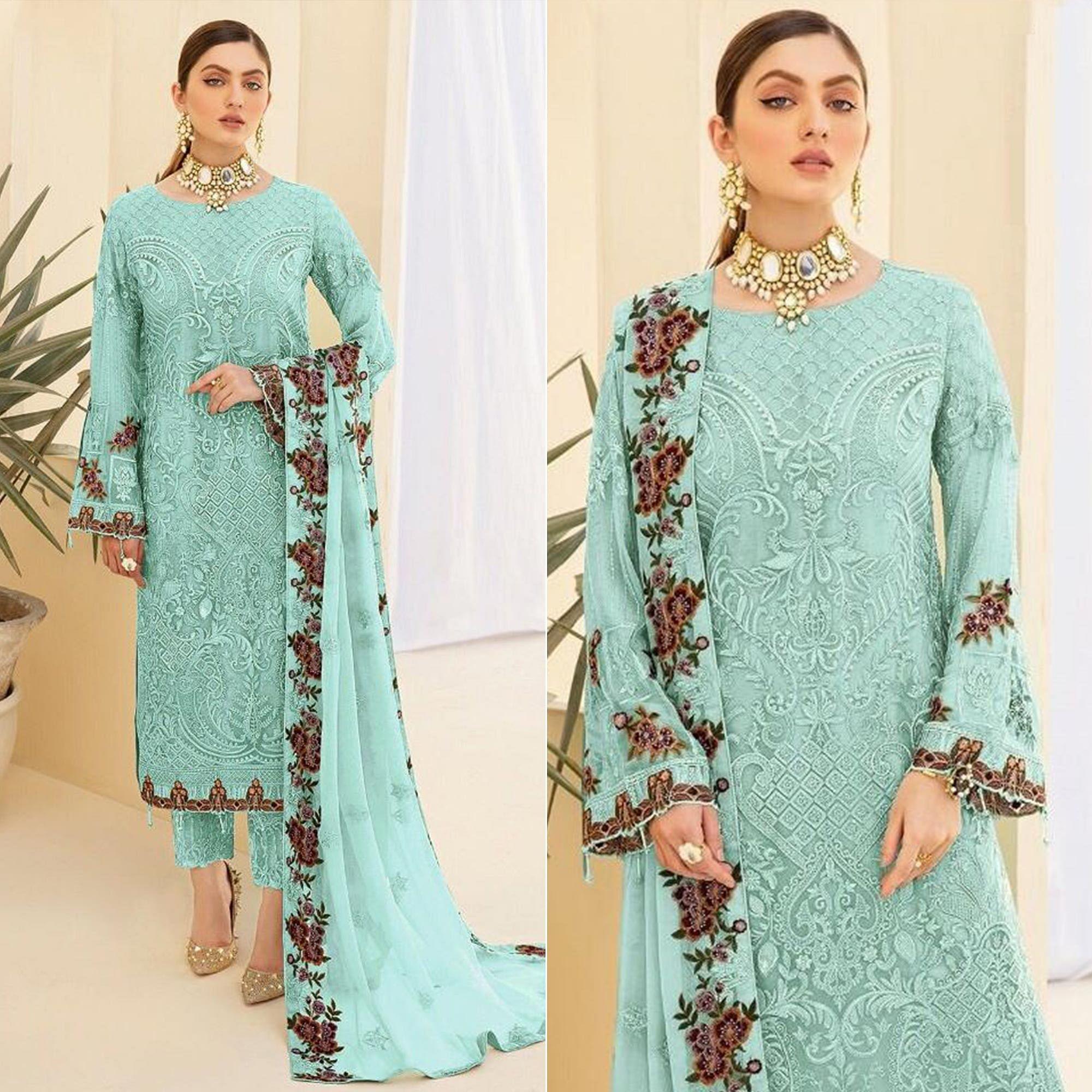Sky Blue Partywear Embroidered & Embellished Georgette Pakistani Suit - Peachmode