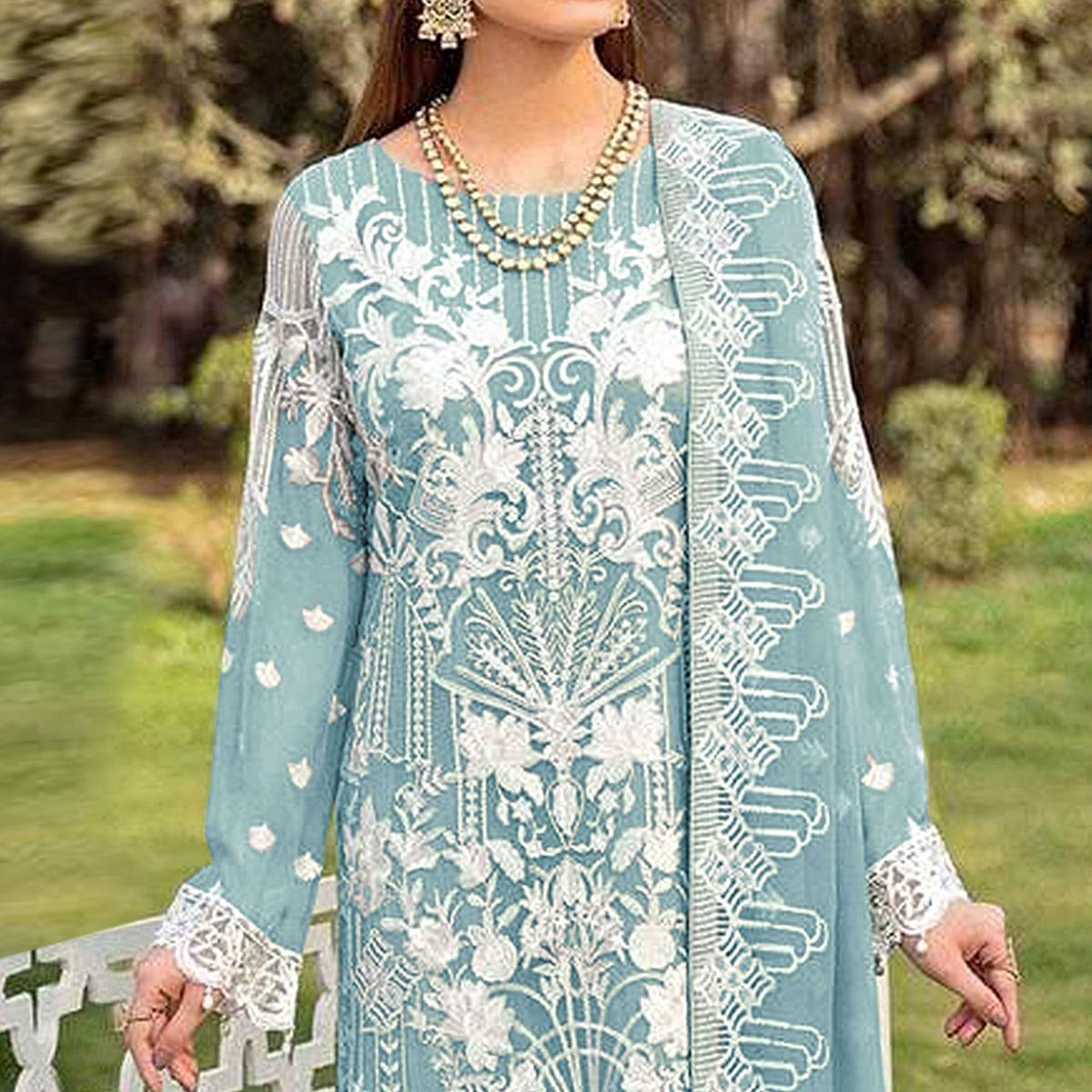Sky Blue Partywear Embroidered Faux Georgette Straight Pakistani Suit - Peachmode