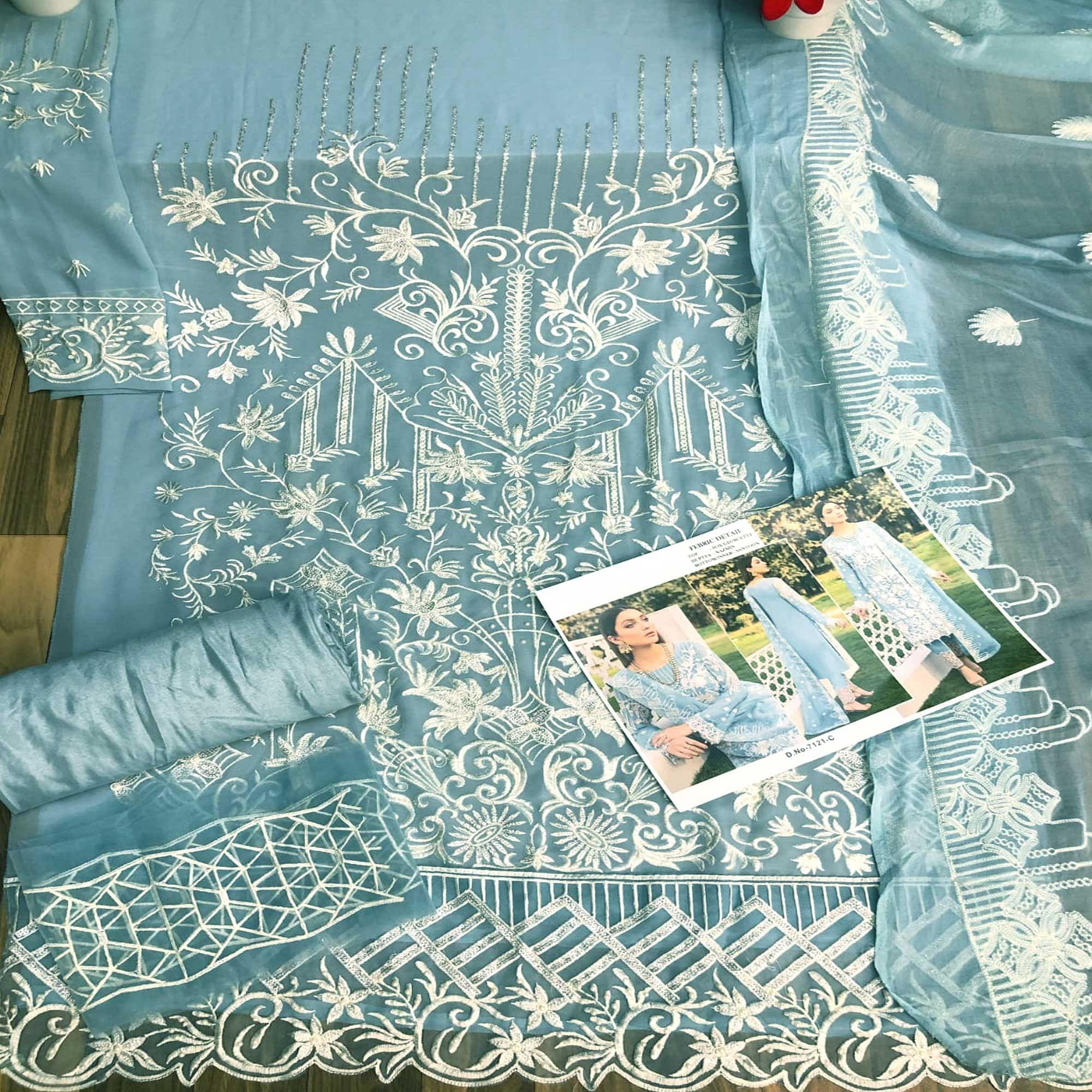 Sky Blue Partywear Embroidered Faux Georgette Straight Pakistani Suit - Peachmode