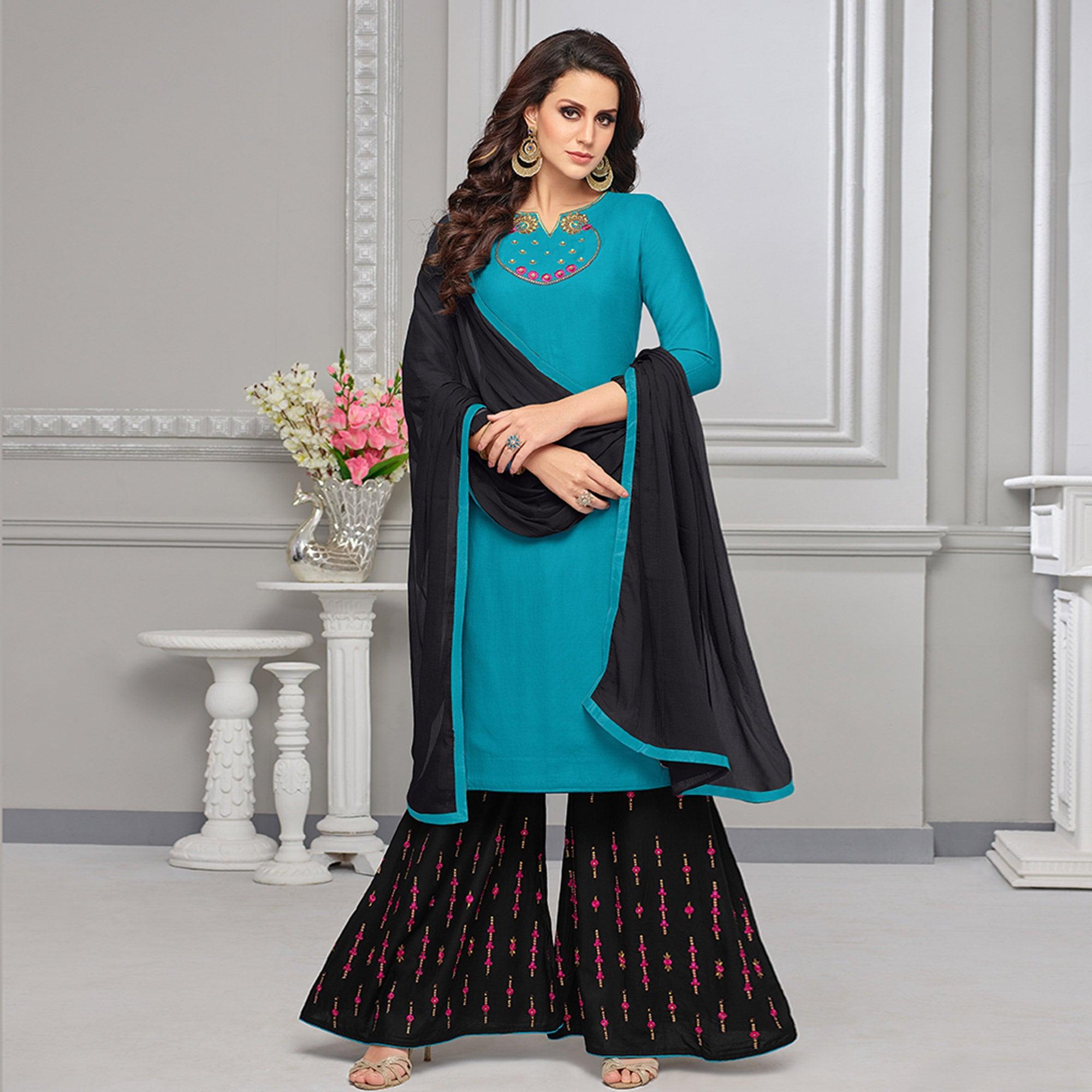 Sky Blue Partywear Embroidered Rayon Palazzo Suit - Peachmode