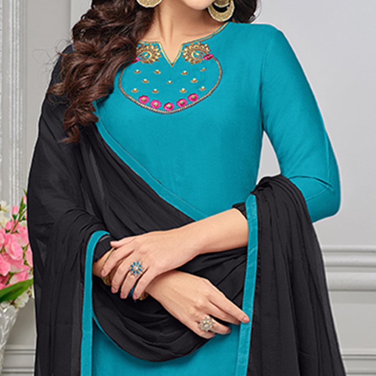 Sky Blue Partywear Embroidered Rayon Palazzo Suit - Peachmode