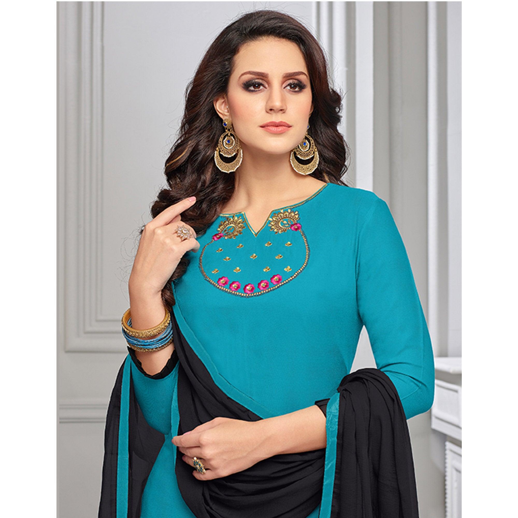 Sky Blue Partywear Embroidered Rayon Palazzo Suit - Peachmode