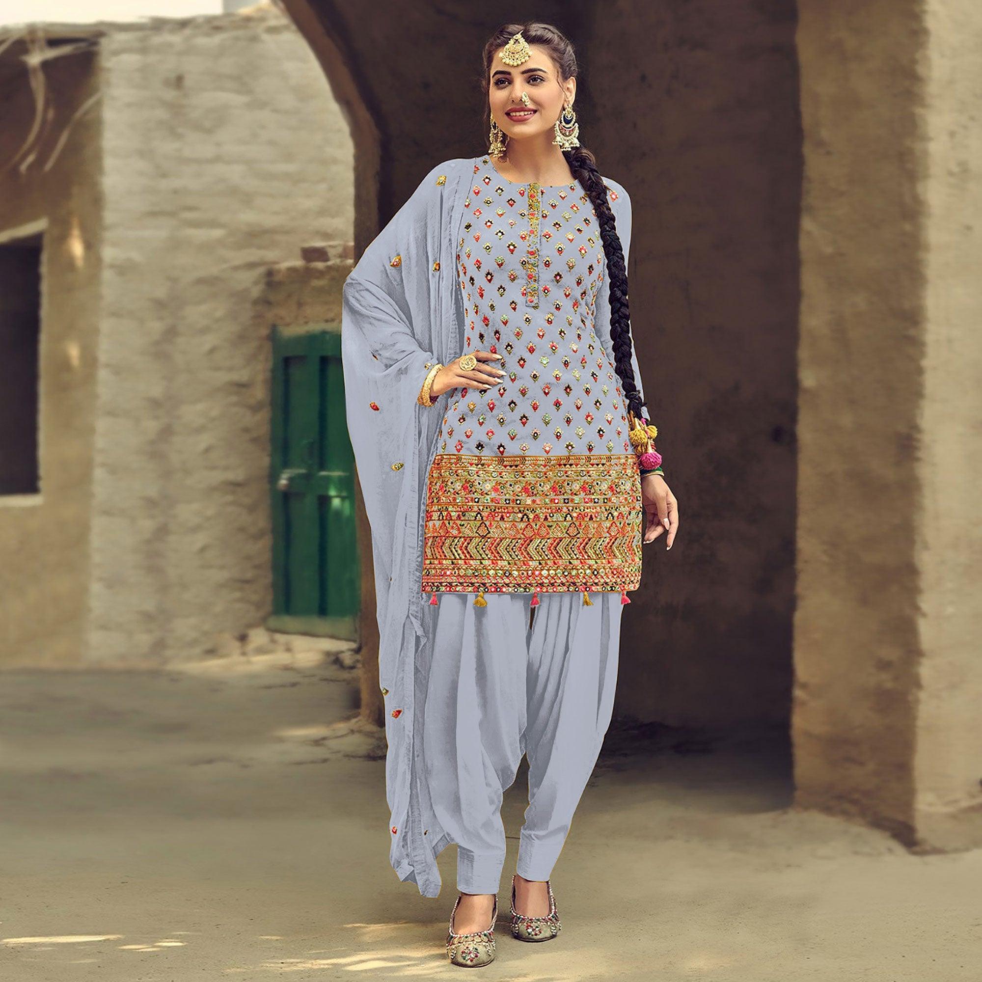 Sky Blue Partywear Embroidered with Sequence Work Heavy Faux Georgette Patiala Suit - Peachmode