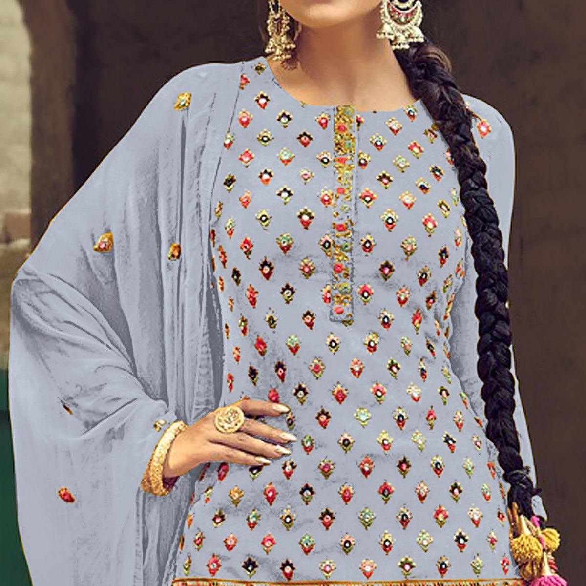 Sky Blue Partywear Embroidered with Sequence Work Heavy Faux Georgette Patiala Suit - Peachmode
