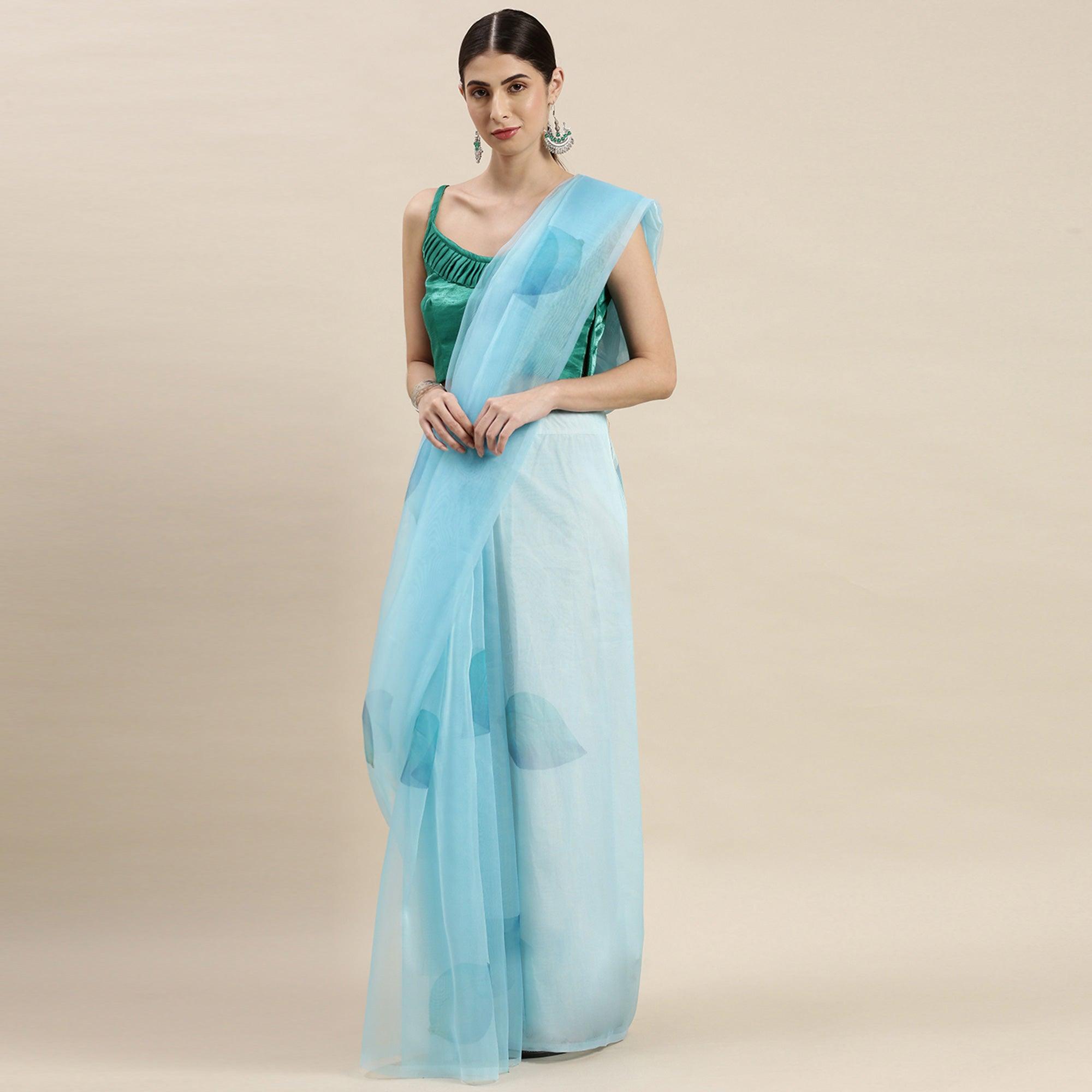 Sky Blue Partywear Printed Organza Saree - Peachmode