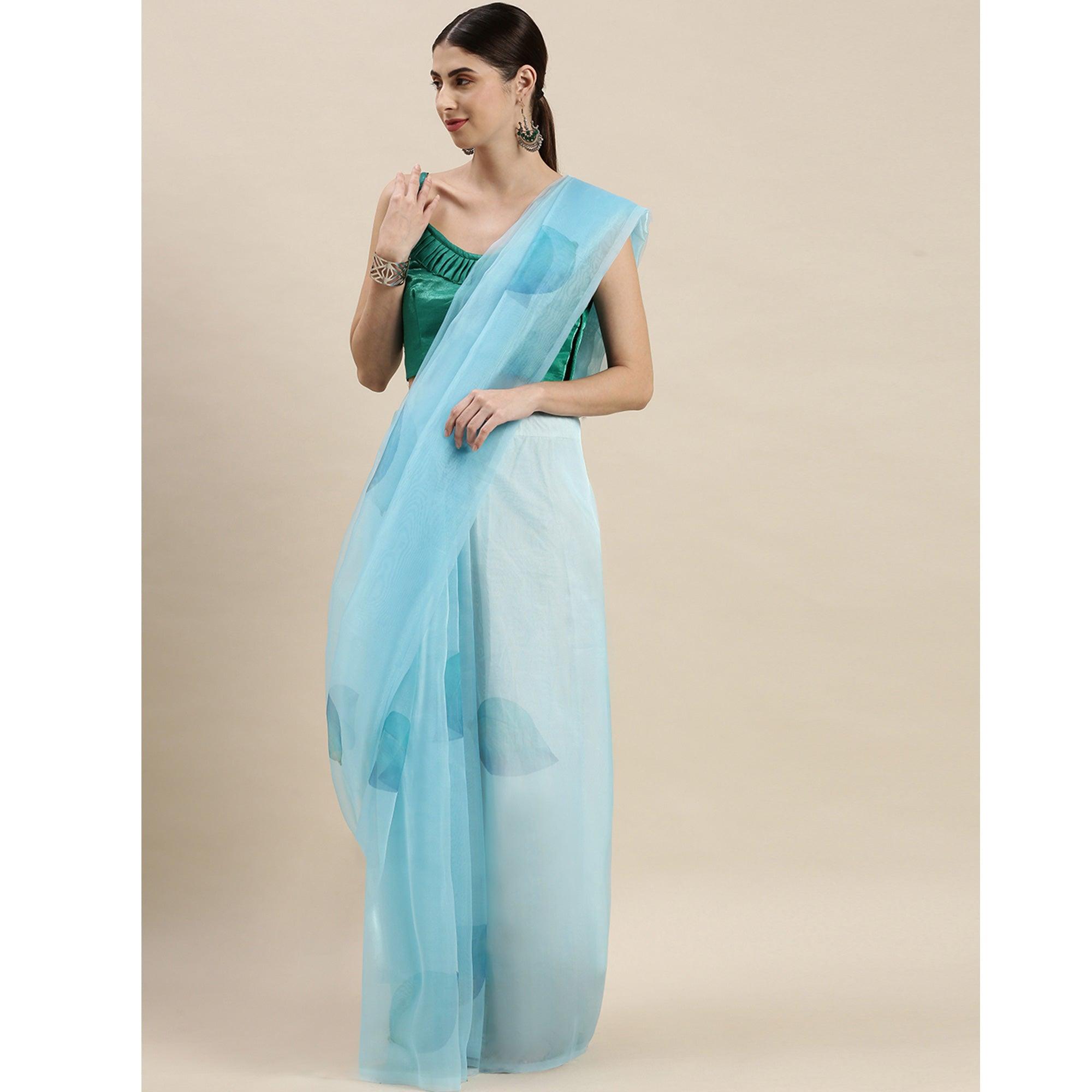 Sky Blue Partywear Printed Organza Saree - Peachmode