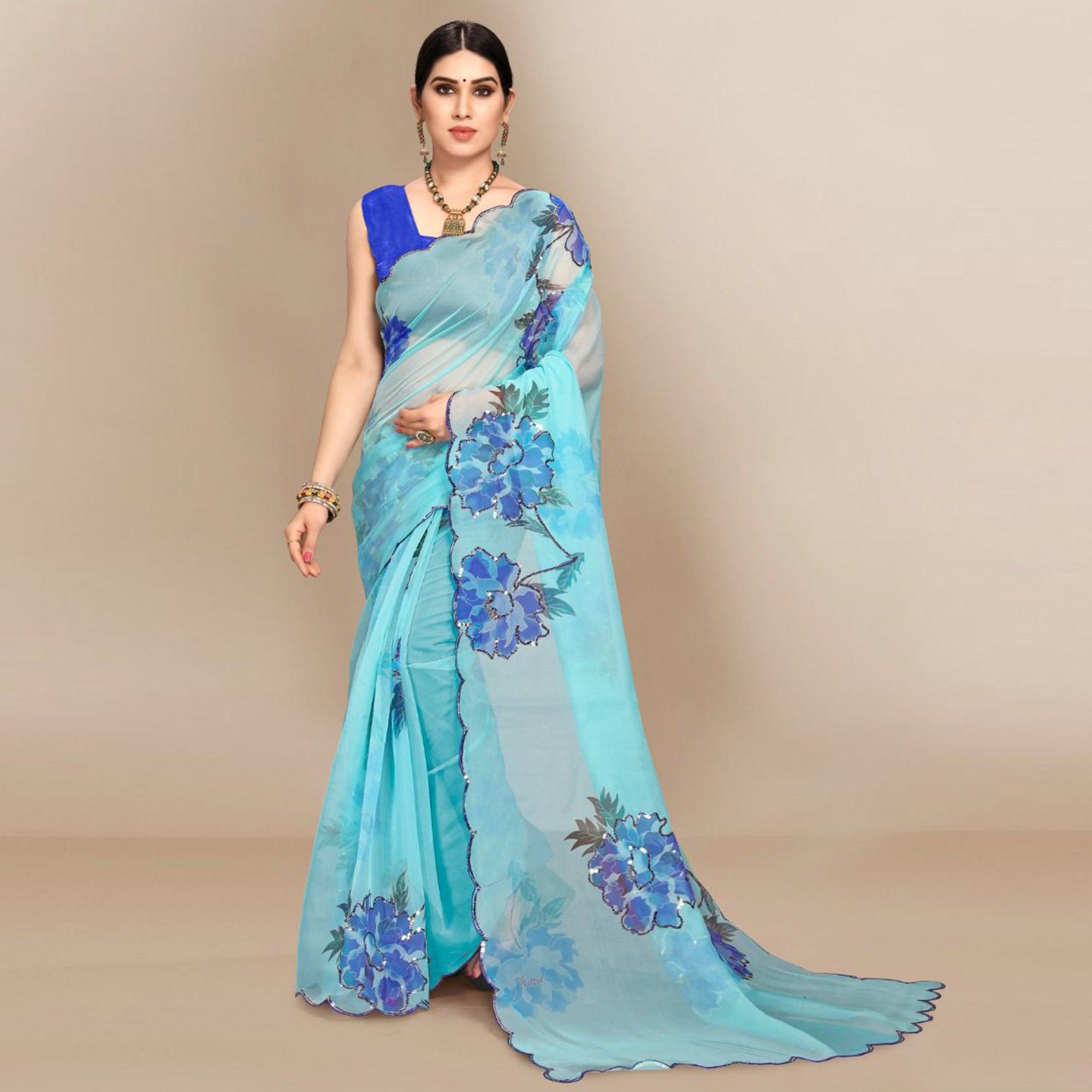 Sky Blue Partywear Sequence & Printed Organza Saree - Peachmode