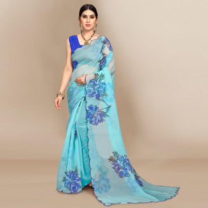Sky Blue Partywear Sequence & Printed Organza Saree - Peachmode