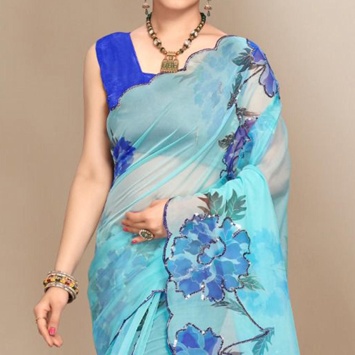 Sky Blue Partywear Sequence & Printed Organza Saree - Peachmode