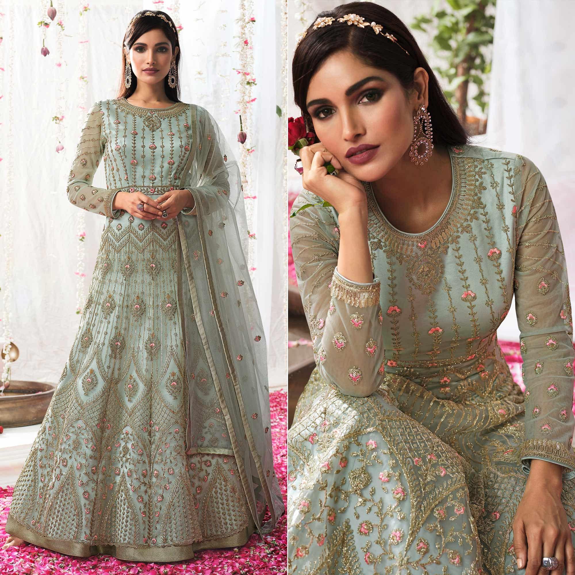 Sky Blue Partywear Sequence Embroidered Net Gown - Peachmode