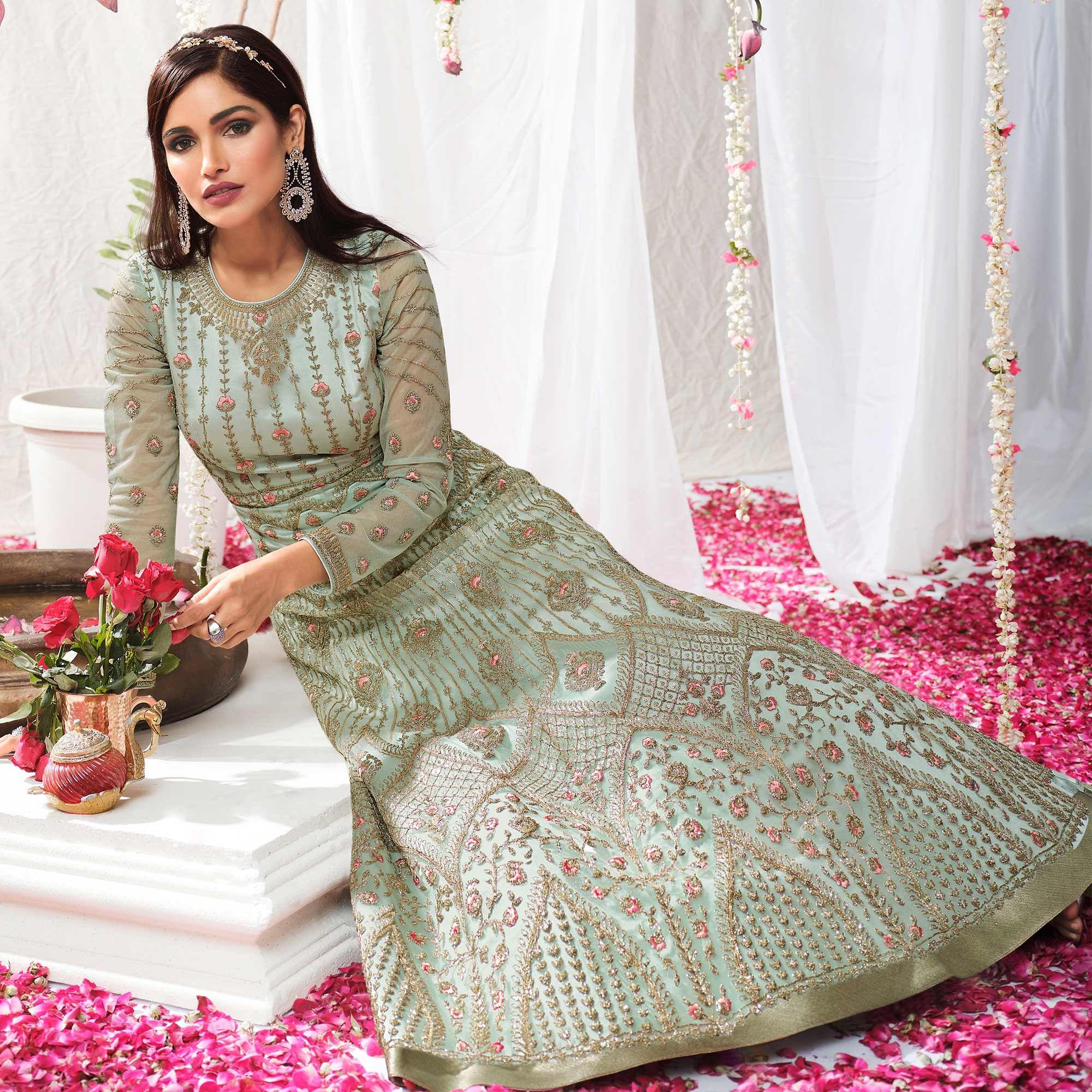 Sky Blue Partywear Sequence Embroidered Net Gown - Peachmode