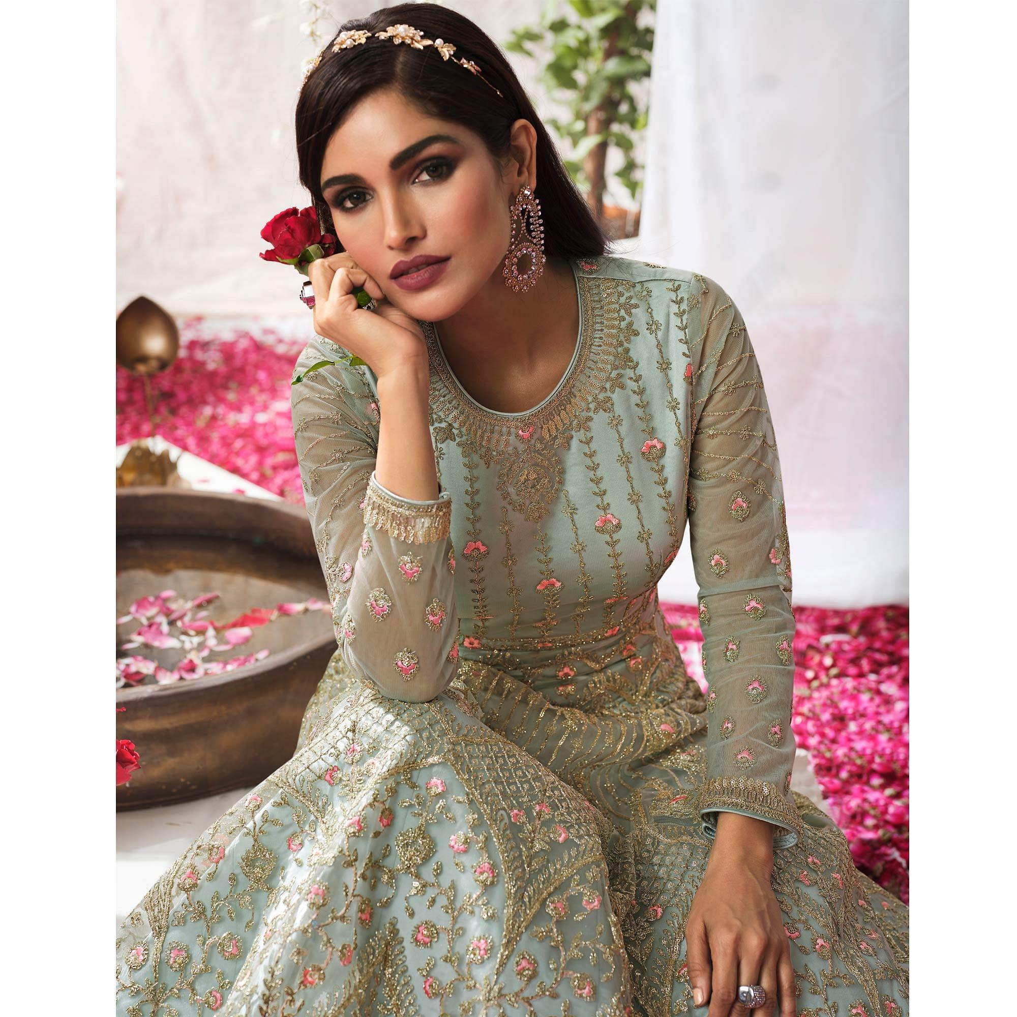 Sky Blue Partywear Sequence Embroidered Net Gown - Peachmode