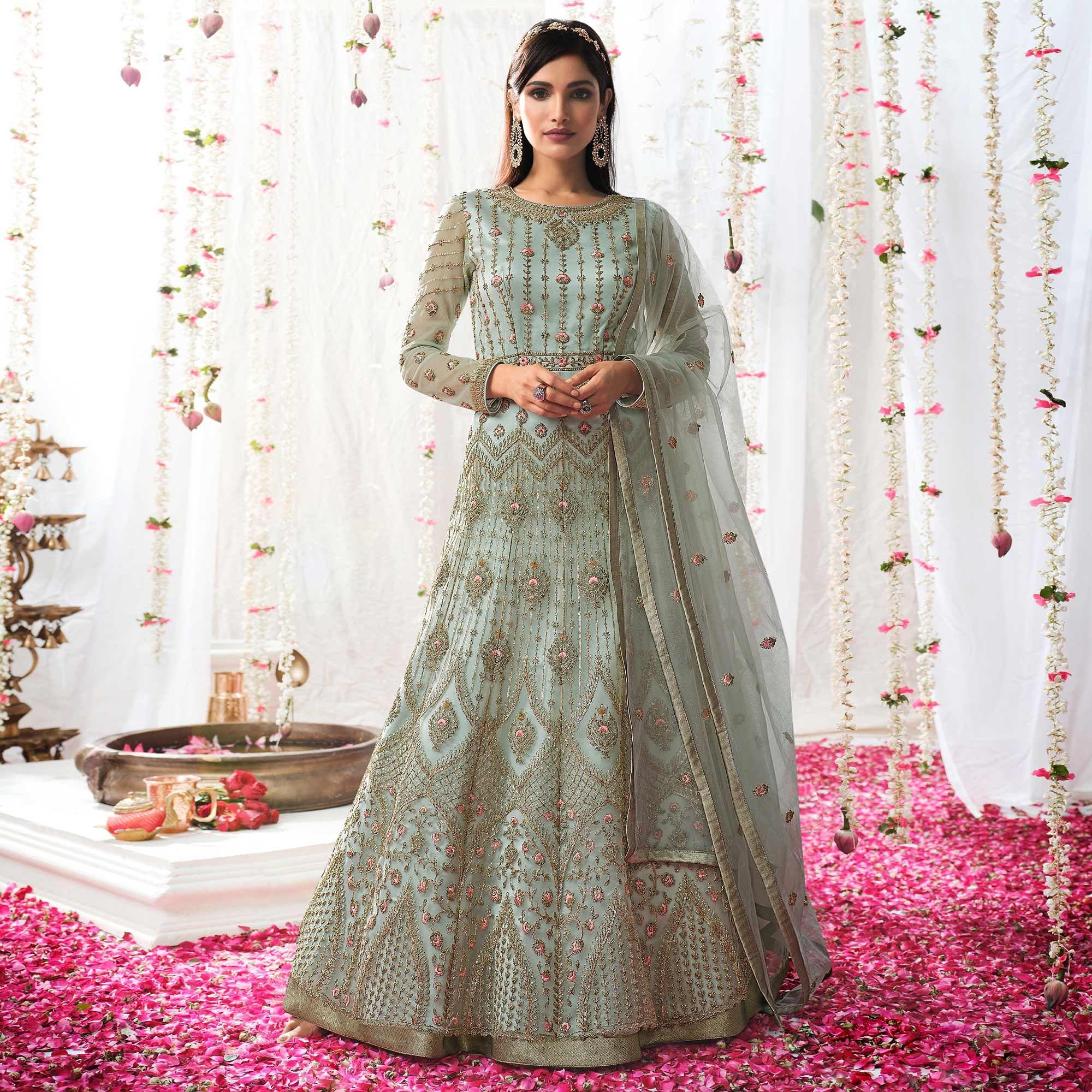 Sky Blue Partywear Sequence Embroidered Net Gown - Peachmode