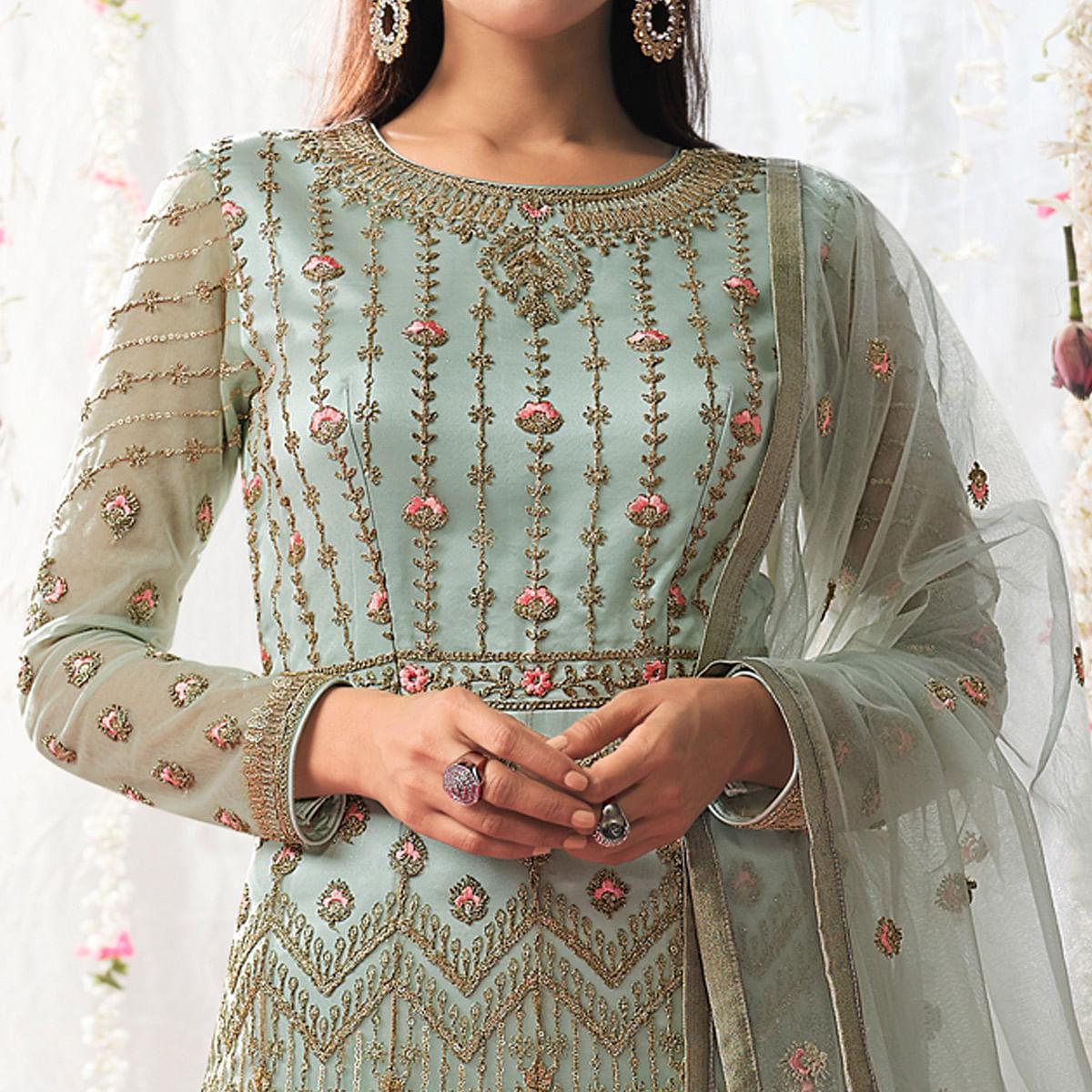 Sky Blue Partywear Sequence Embroidered Net Gown - Peachmode