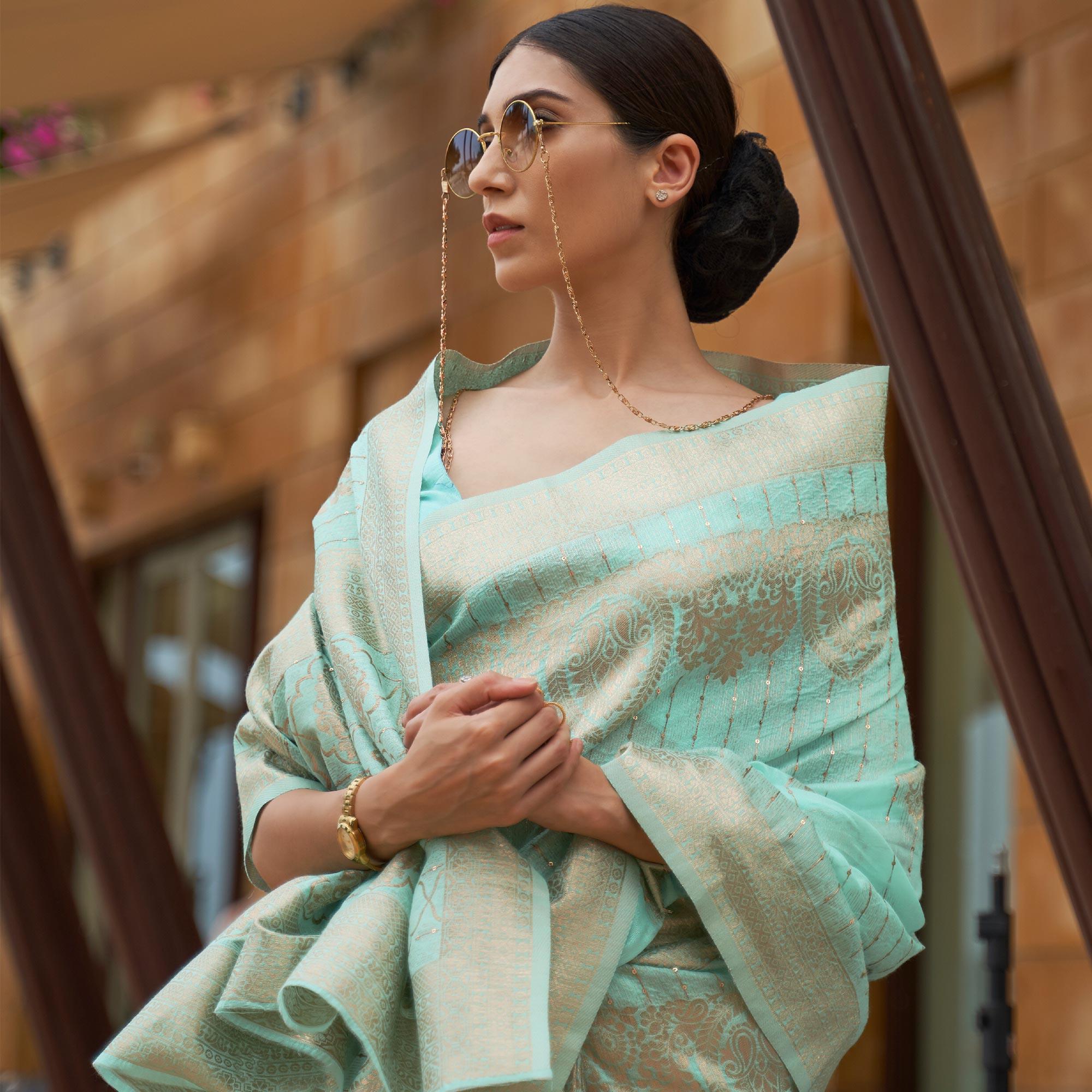 Sky Blue Partywear Sequence Woven Chanderi Saree - Peachmode